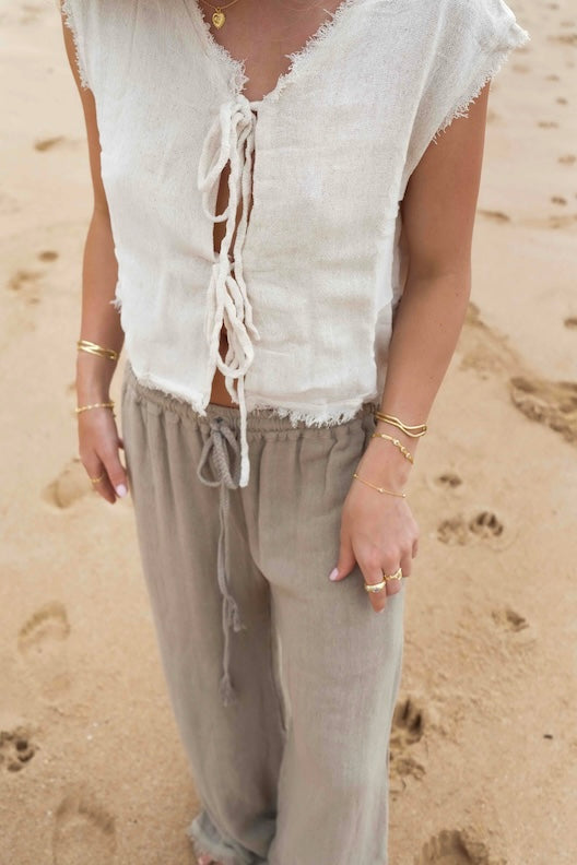 Romy top Natural matched with the Mila pants in taupe - Malia The Label