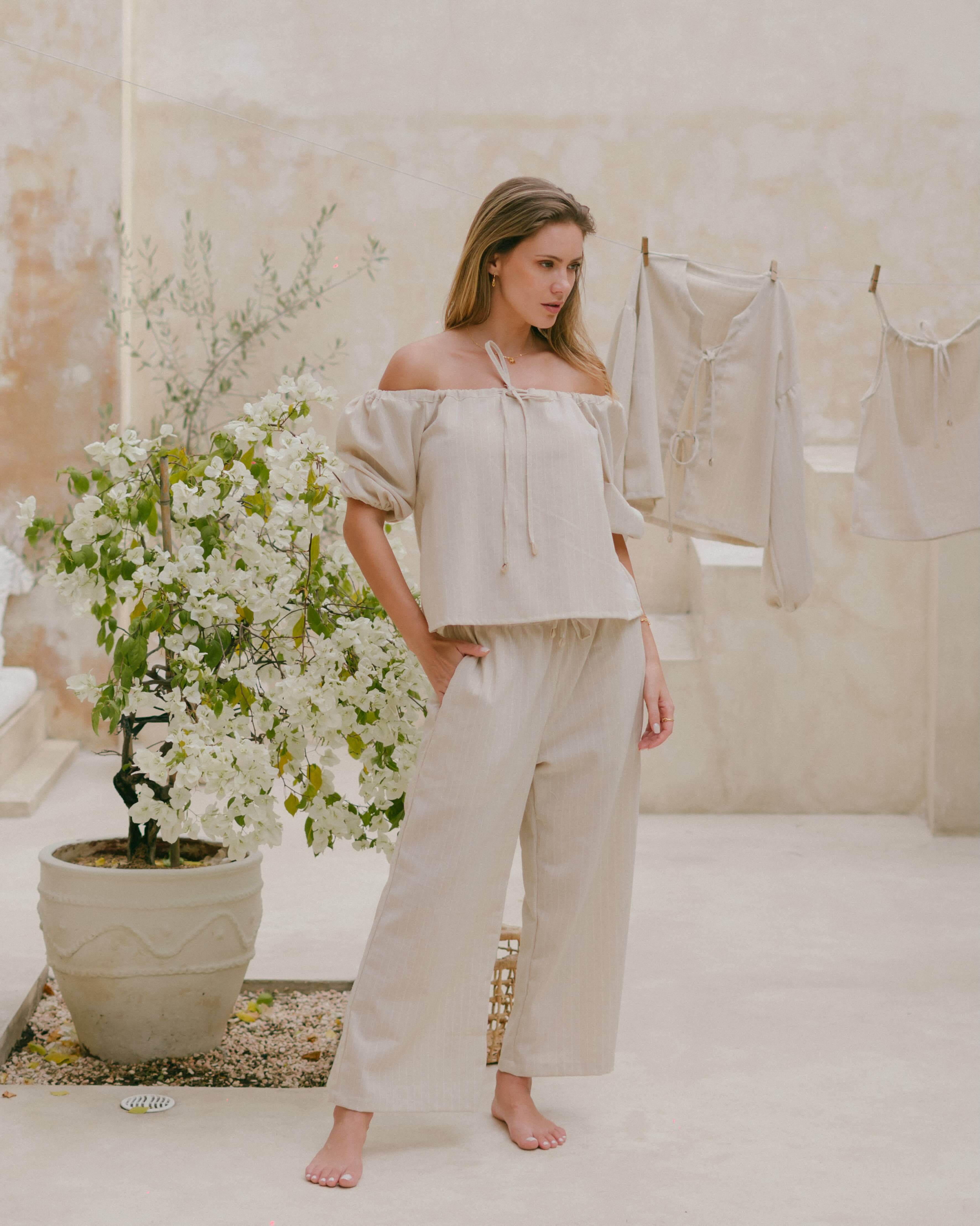 Euro summer–inspired Amalfi pants featuring wide legs, shell accents, and a breezy relaxed fit.