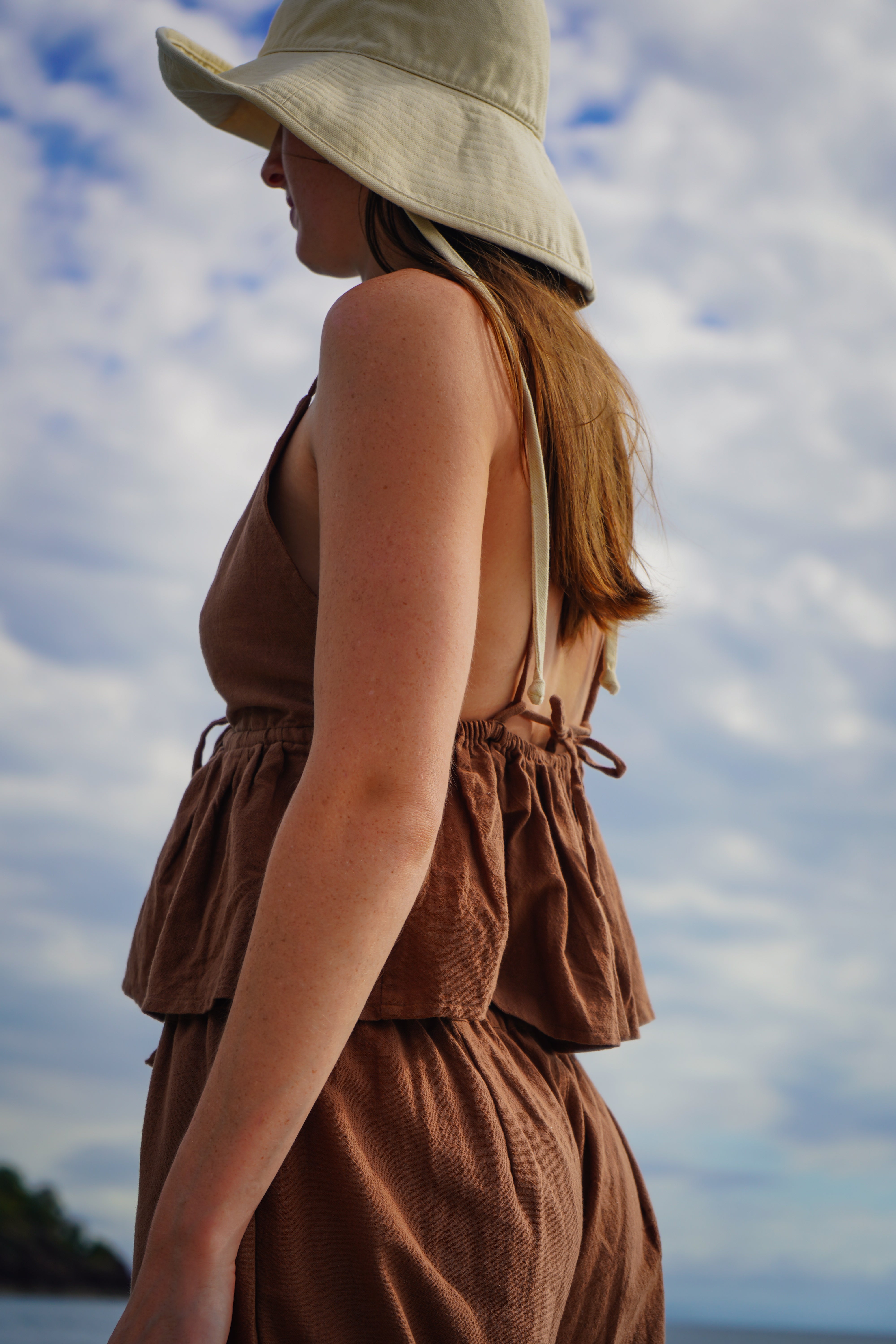 Soliel back tie up top in chocolate colour by Malia the label - slow fashion brand based on the South Coast of NSW