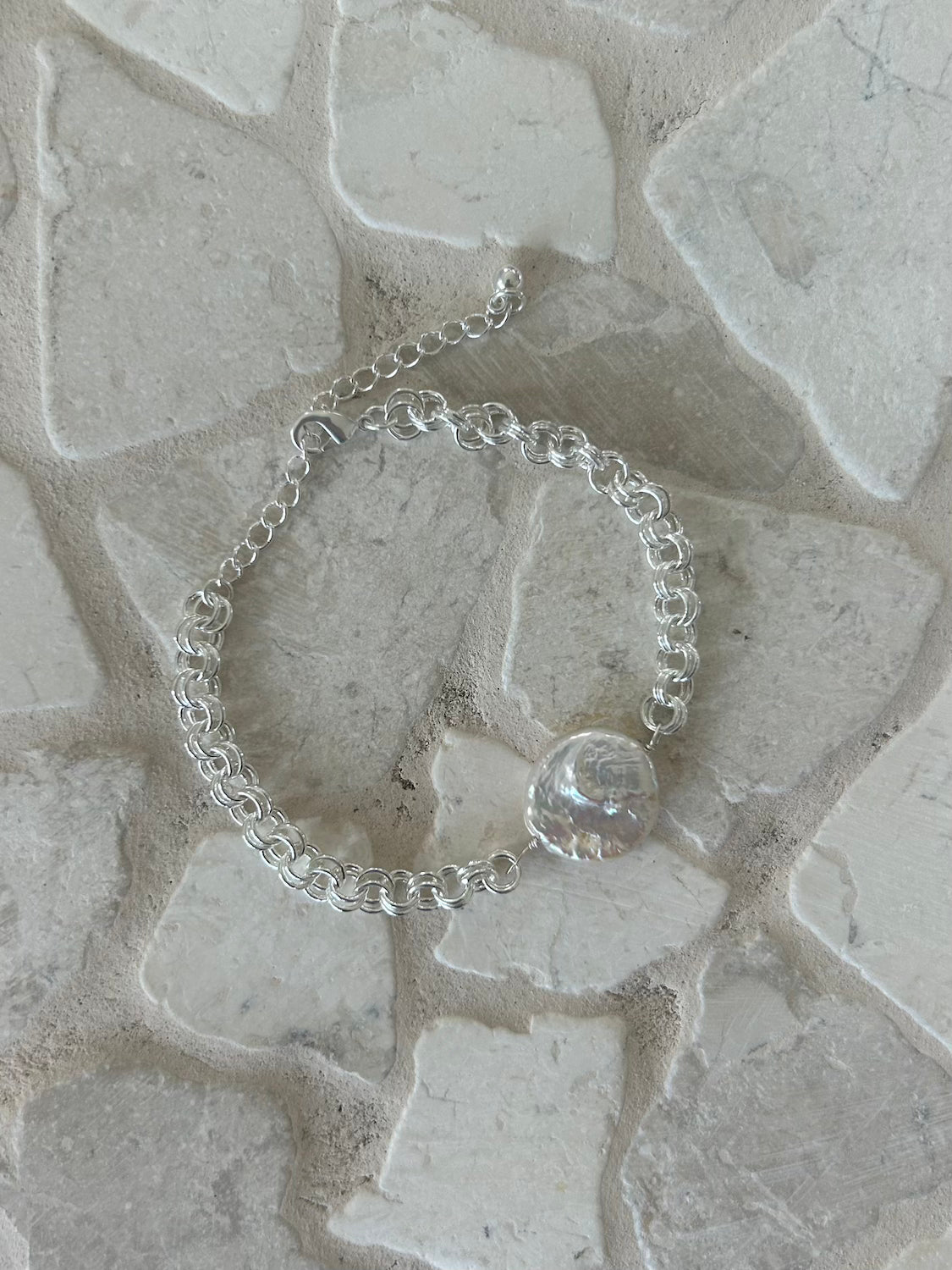 Malia Jewellery - Sterling Silver plated chain bracelet with irregular shaped pearl pendant