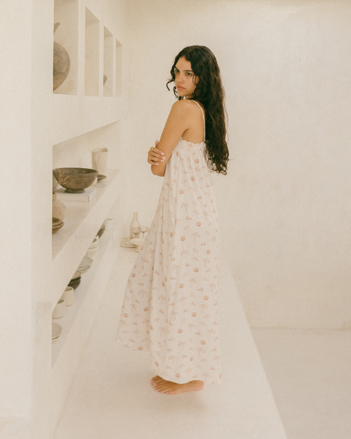 Slow fashion brand - Malia the label - flowy summer cotton linen dress with pockets - shirred details and thin tie up straps