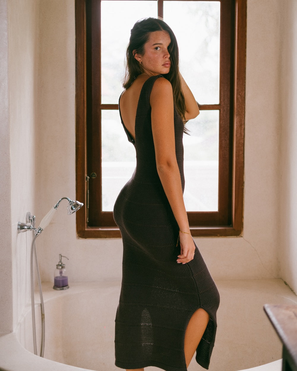 Noa Knitted Maxi Dress designed for timeless wear - Versatile knit dress with V-neck front and V-neck back. Crafted from 100% cotton, and machine knitted sustainably.