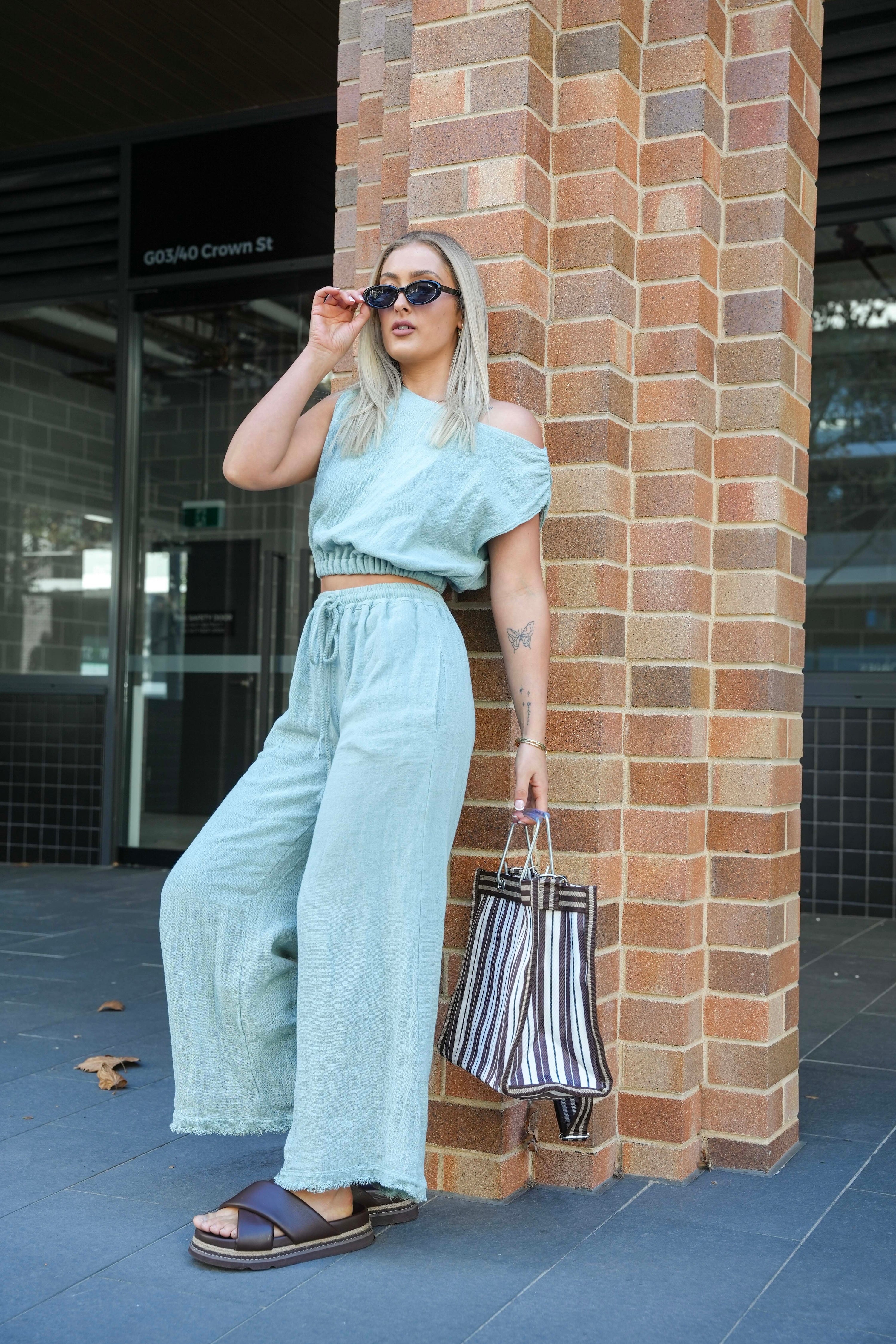 Seamist blue Mila pant and crop top co-ord matching set by Malia the label, handcrafted from 100% natural ramie and cotton blend for comfortable wear and effortless style.