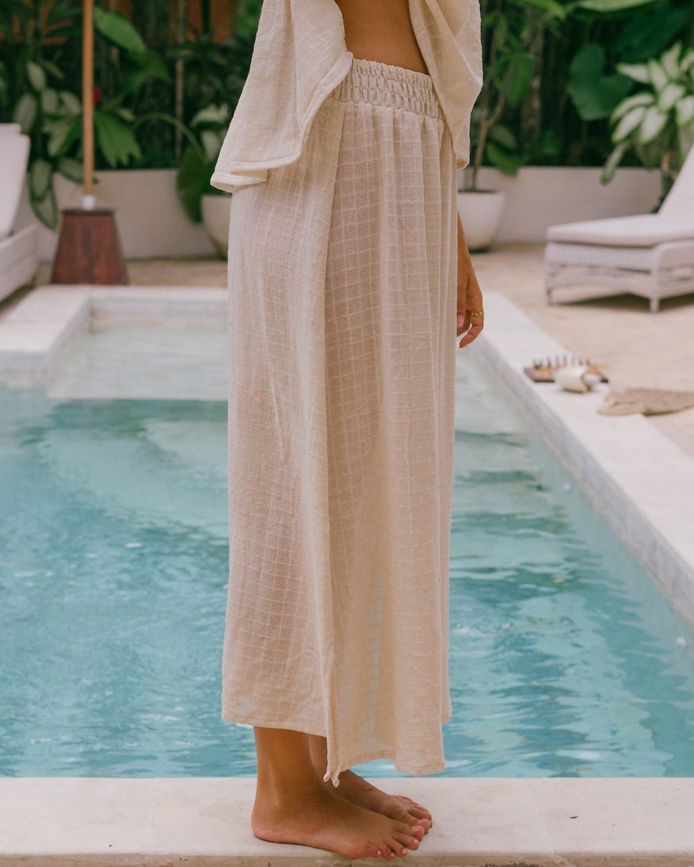 Sorrento maxi skirt side view - shirred waistband skirt for relaxed flowy fit, 100% ramie check natural fabric - slow fashion Australia - Malia the label