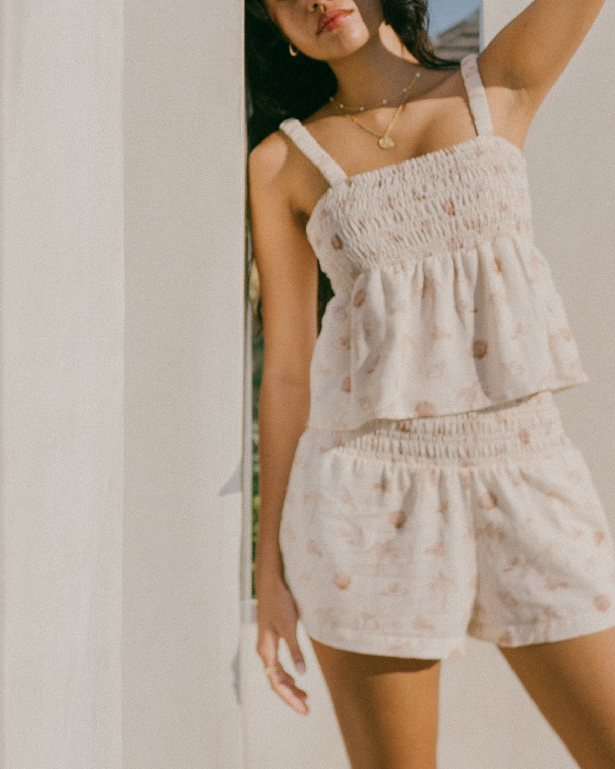 Shirred linen summer set featuring beachy shell print - light summer co-ord set - slow fashion brand - Malia The Label
