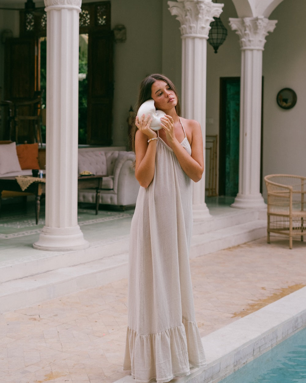 Vela Maxi Dress styled barefoot outdoors — free-flowing ramie maxi dress in warm summer light — effortless slow fashion by Malia The Label