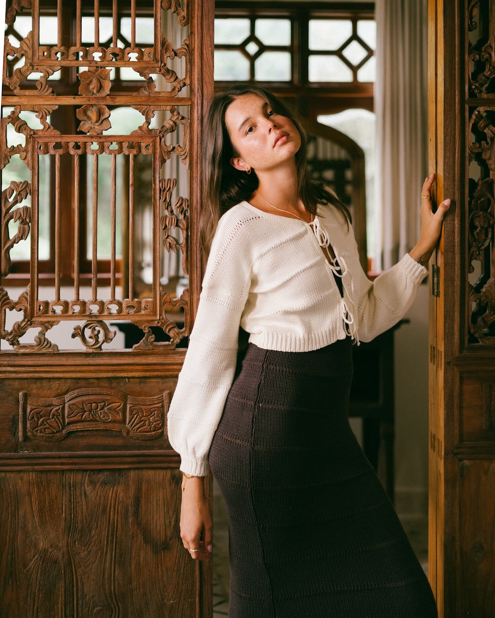 Winter knit cradigan that is cropped with front tie up's - versatile knitwear designed for mixing and matching by Malia the label