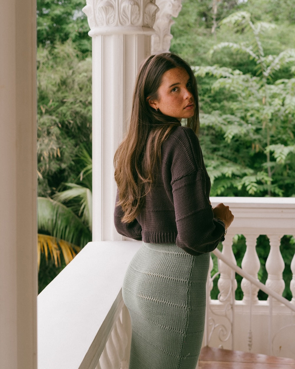 Timeless knitwear designed by malia the label - 100% cotton cropped cardigan in choclate brown layered over sage maxi knit dress