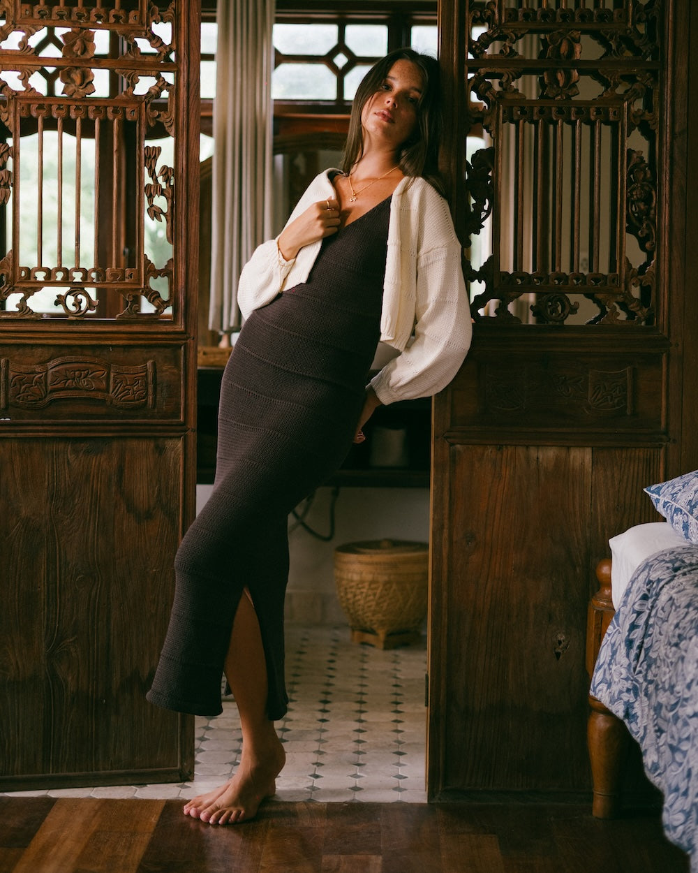 Winnie knit jumper in white styled as an open cardigan layered over Noa maxi knit dress - 100% cotton knitwear by Malia the label, slow fashion brand