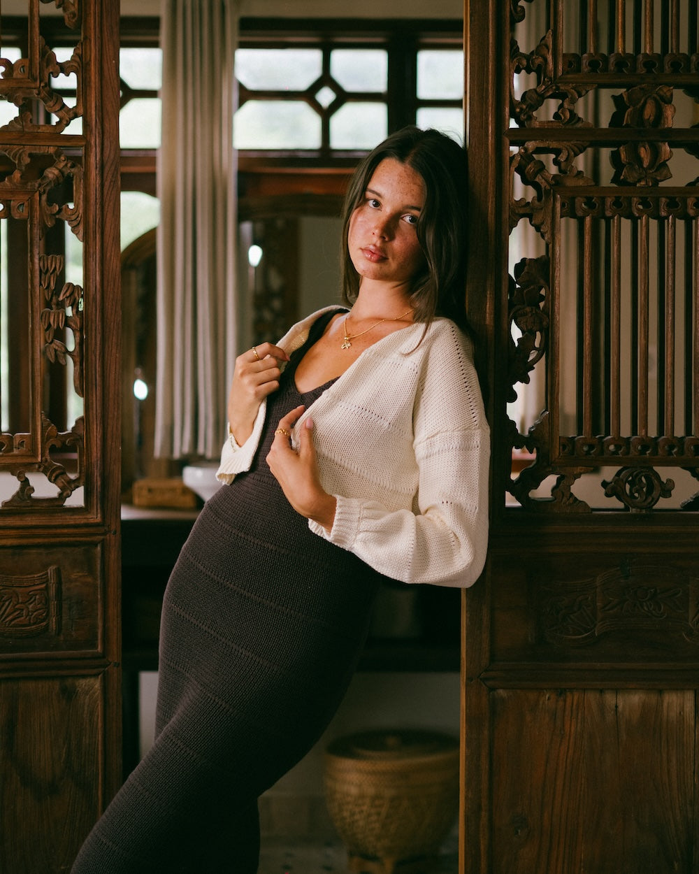 Winnie Knit jumper styled open over the Noa dress - Whit knit cardigan ith relaxed sleeves and cropped design.