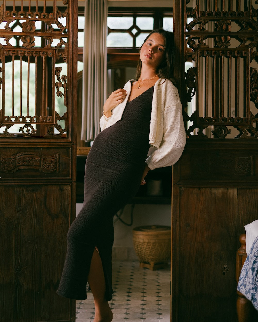 Slow fashion knits crafted from natural fibres - Noa maxi knit dress styled with the Winnie cardigan - Winter layering inspiration