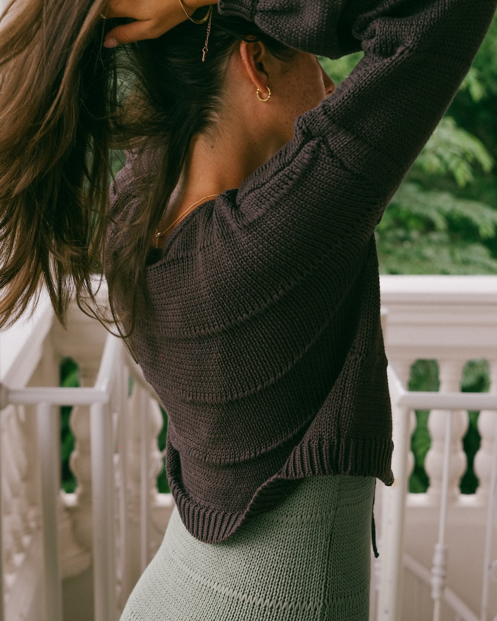 Winnie knit jumper from behind with horizontal details in chocolate colourway- 100% cotton knit cardigan by Malia the label