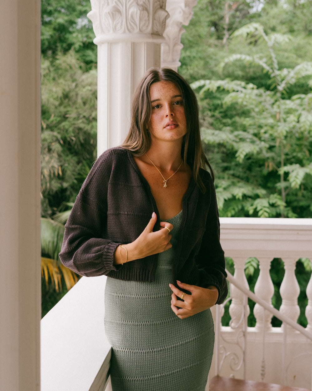 Winnie Knit jumper in chocolate - Chocolate brown knit cardigan open design with relaxed sleeves - Malia the label cardigan styled over Noa dress