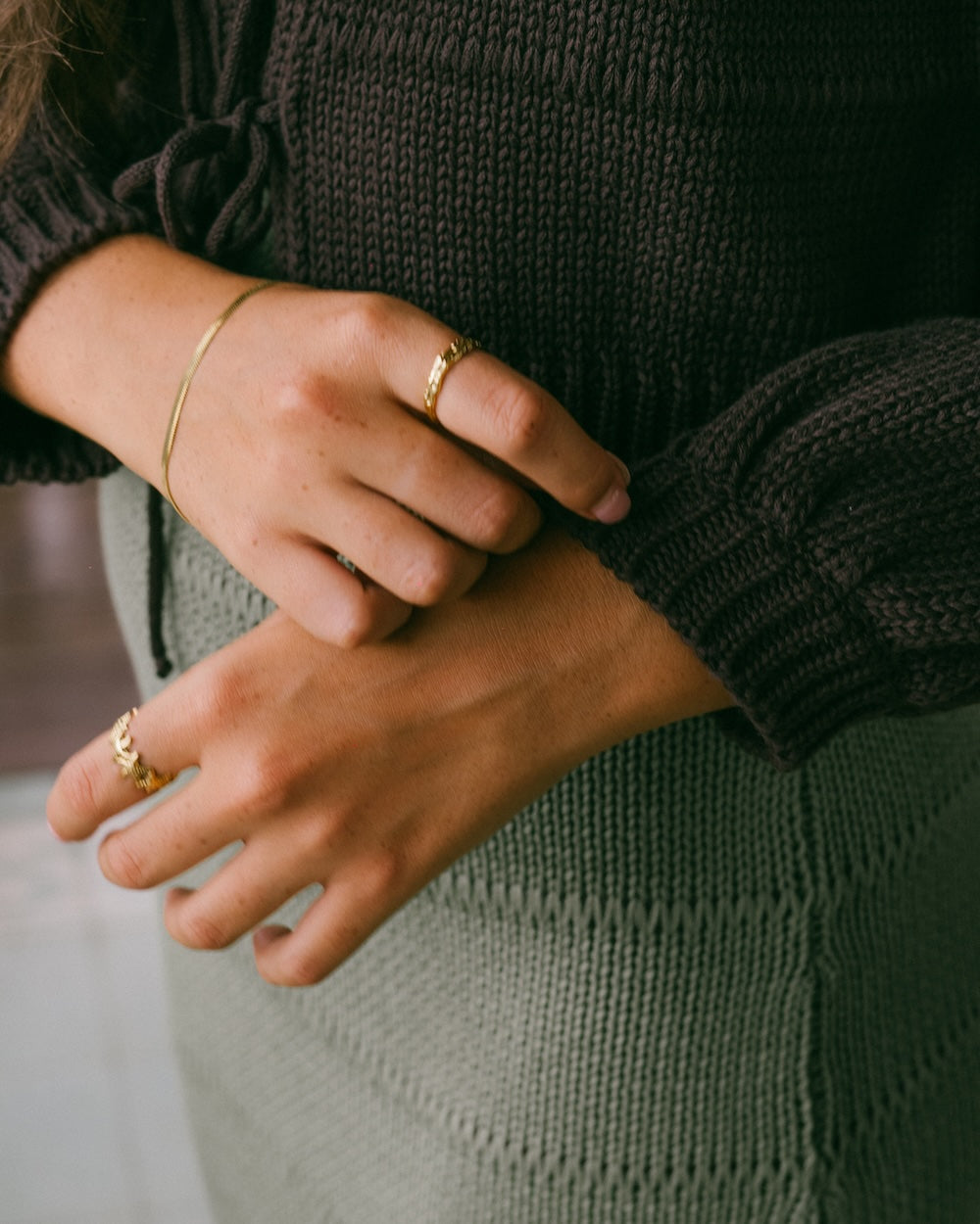 Winnie knitwear cuffs up close - ribbed knit cuffs and bishop sleev cardigan design by Malia the label