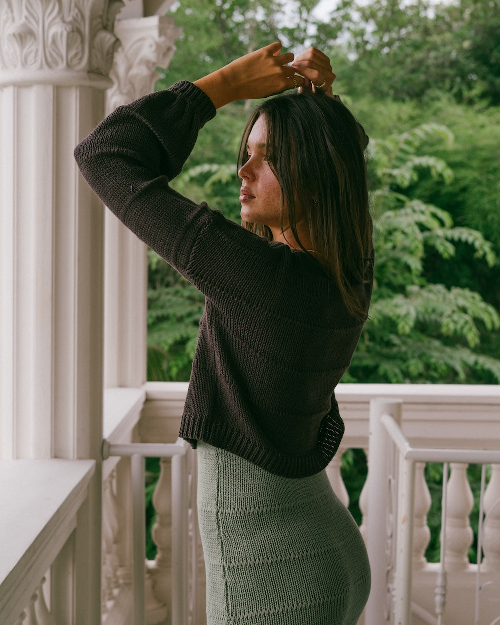 Knitwear cropped jumper with bishop sleeve relaxed arms and horizontal detailing and tie up from - natural and earthy toned nitwear by Malia the label