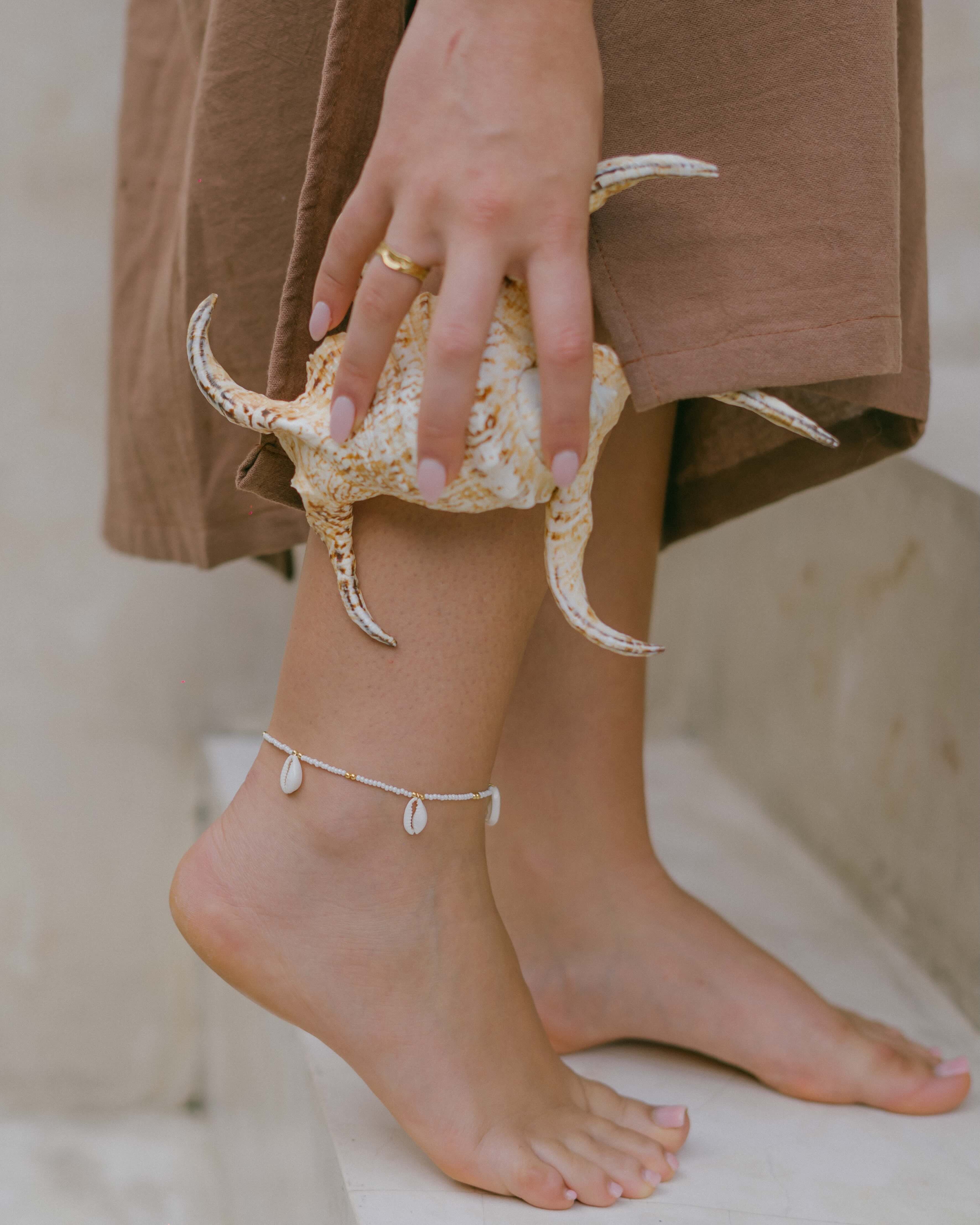 Beaded cowrie shell anklet by Malia the label - ocean inspired jewellery