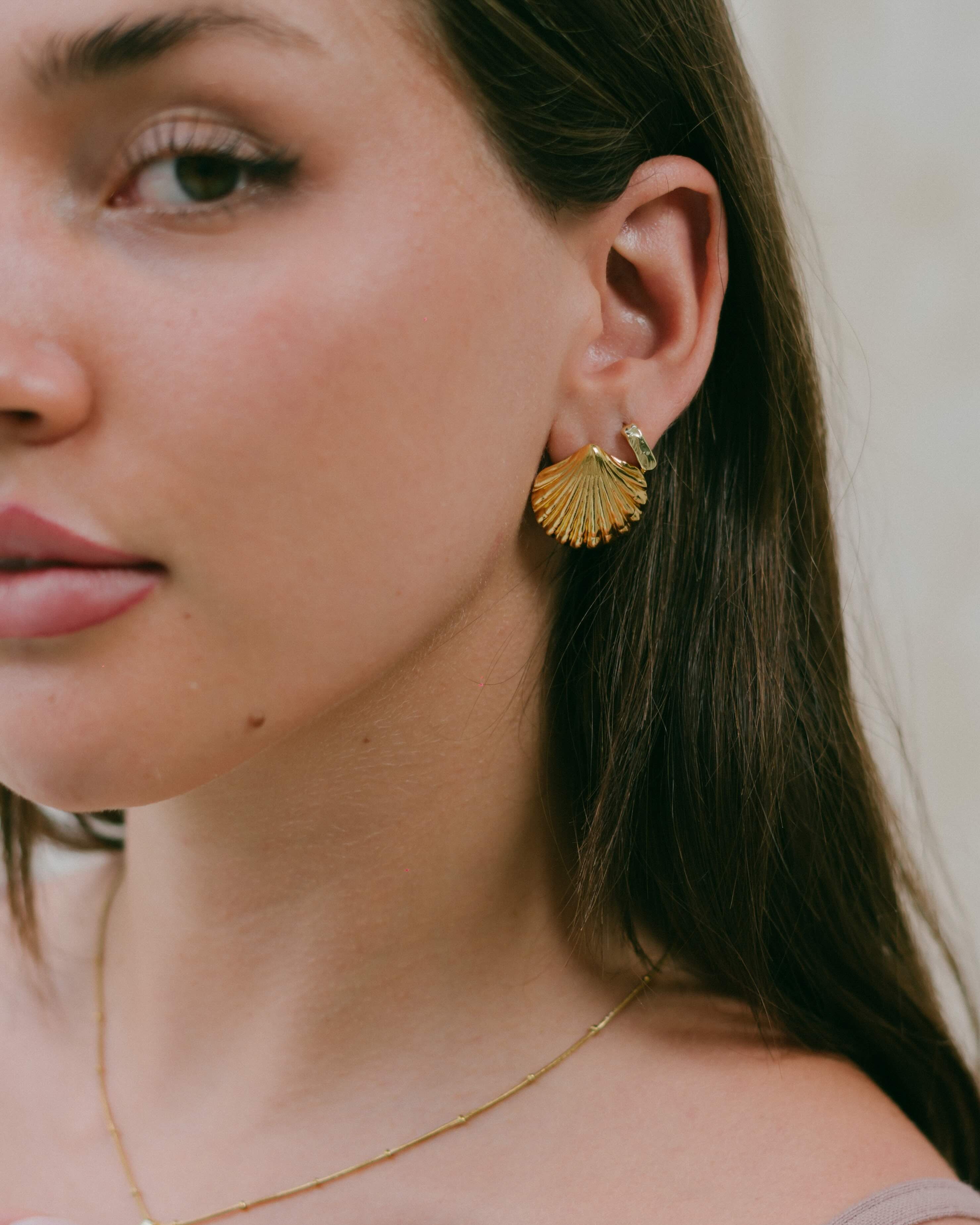 Gold scollop shell studs - beachy statement stud earrings for the ocean inspired. Malia the label