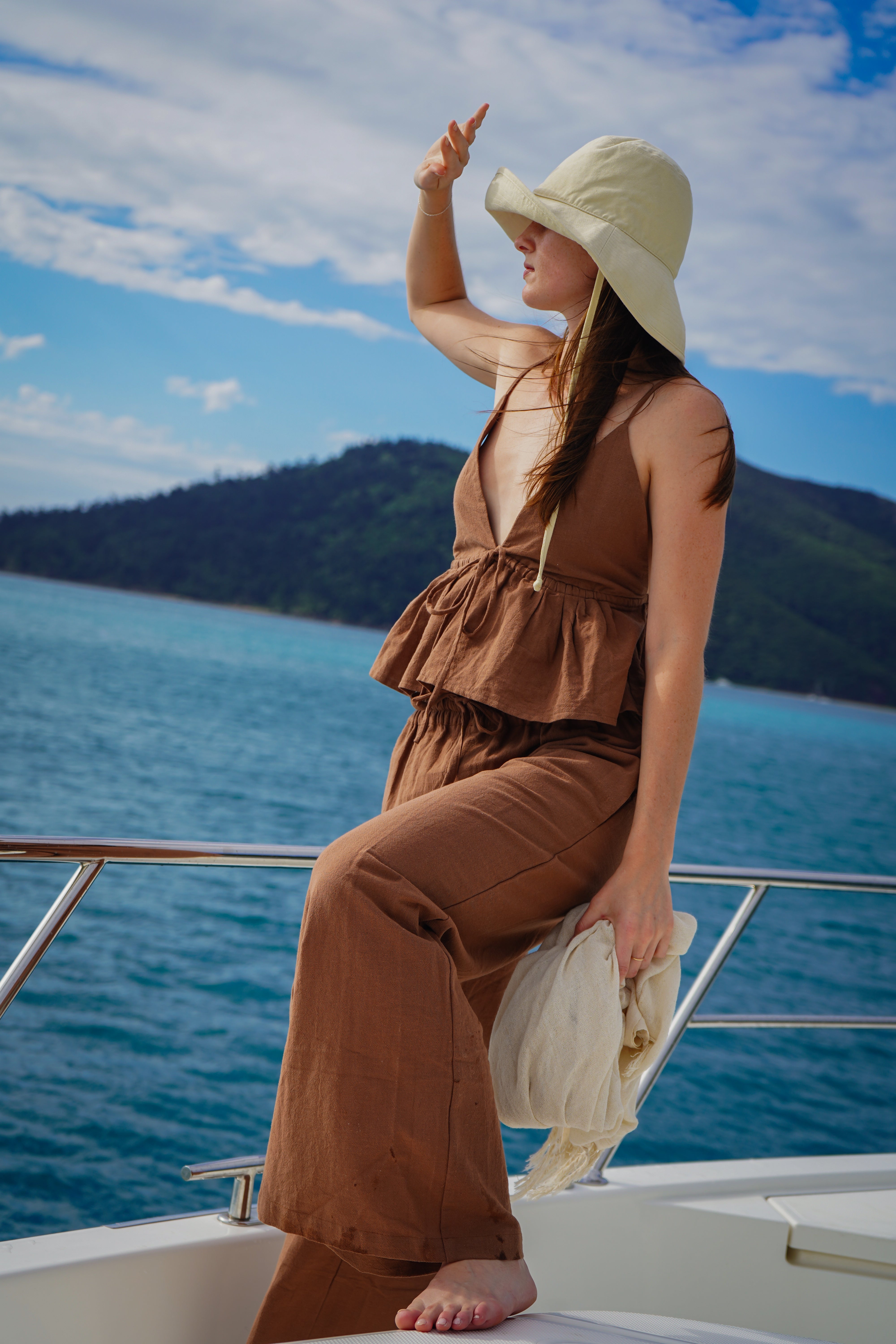 Soliel Top - chocolate brown triangle style tie up top with tie front and back by Malia the label