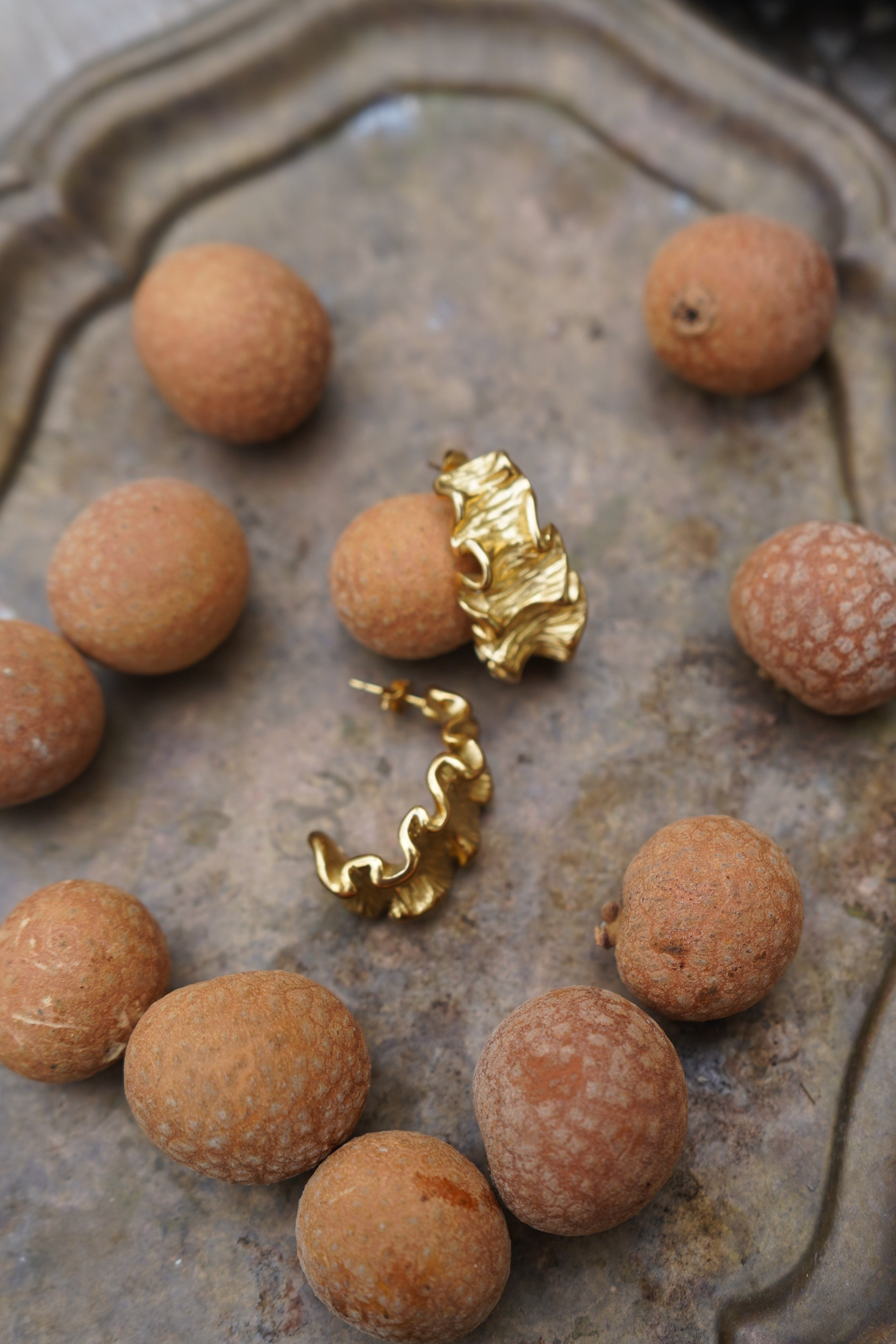Coral wavy shaped earring studs with texture - 18k gold plated by Malia The Label