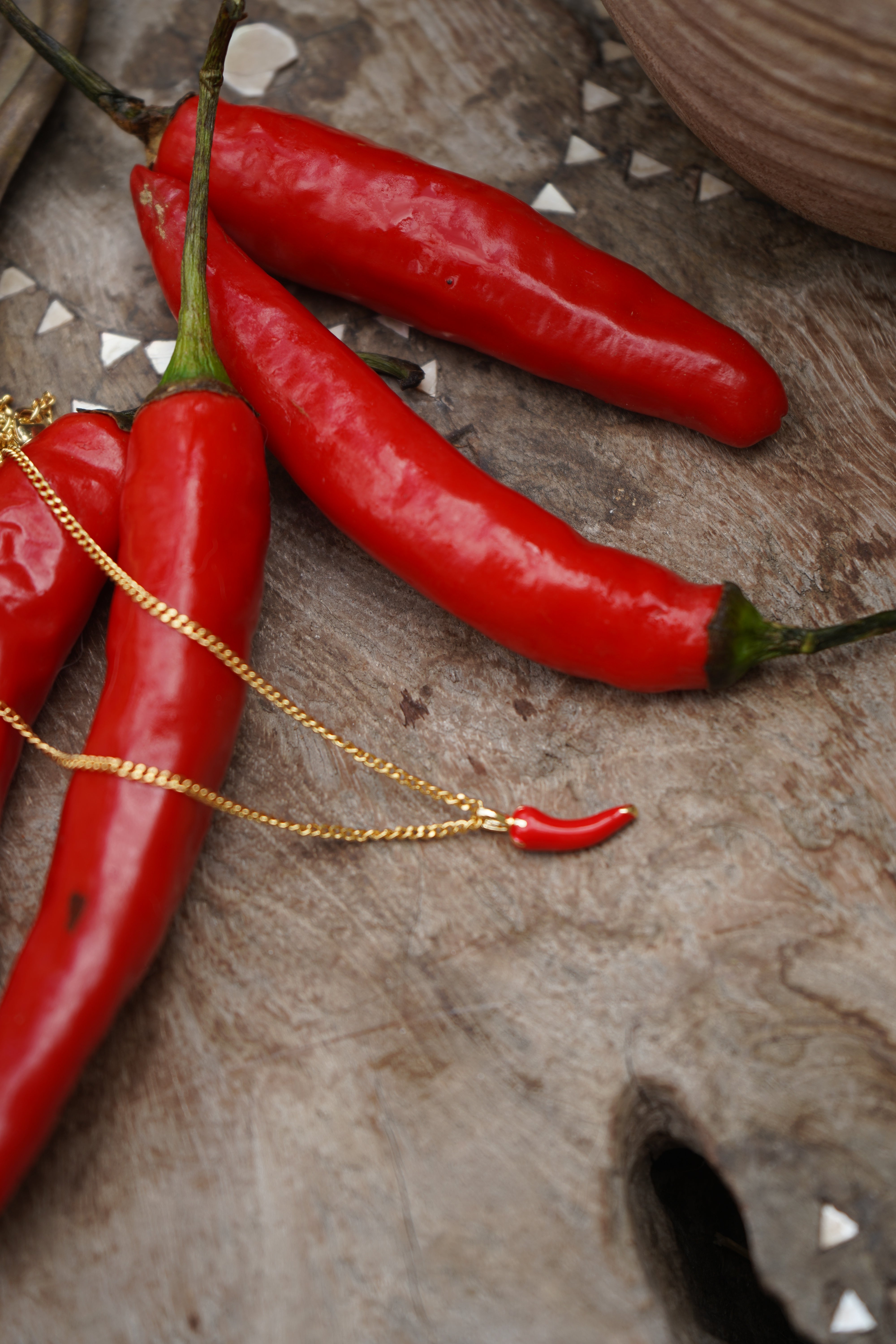 Elevate your style with the Caliente Chilli Necklace, featuring a unique chilli-shaped pendant with gold detailing. Ideal for layering or making a statement.