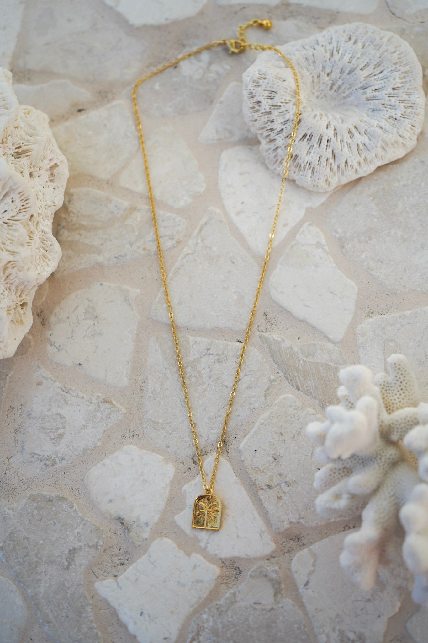 Elevate your look with the Isola Gold Necklace, showcasing a minimalist arched pendant with a serene palm tree engraving. A timeless, versatile gold necklace ideal for tropical-inspired fashion.