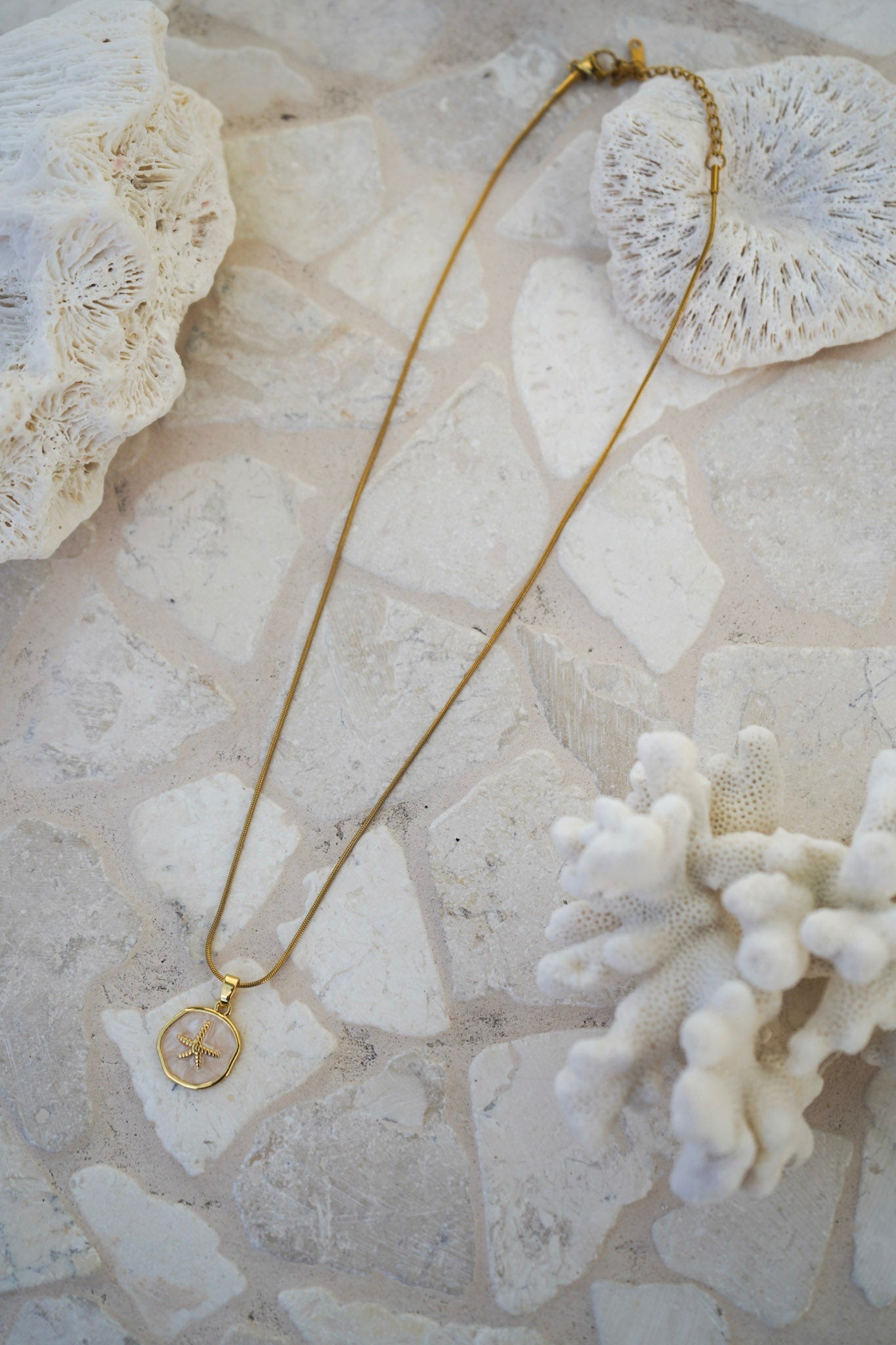 Discover the Soraya Starfish Necklace—an 18k gold plated waterproof necklace with a glossy shell-inspired circle pendant and delicate starfish charm. Ideal for layering or daily wear by the sea or city.