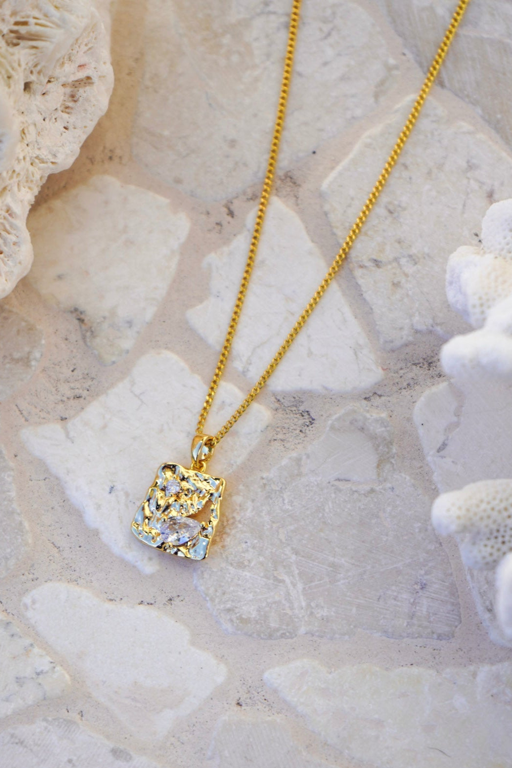 Malia the label Jewellery - Solea Necklace has been hand crafted from 18k gold plating, featuring a hammered texture and embedded zirconia stones