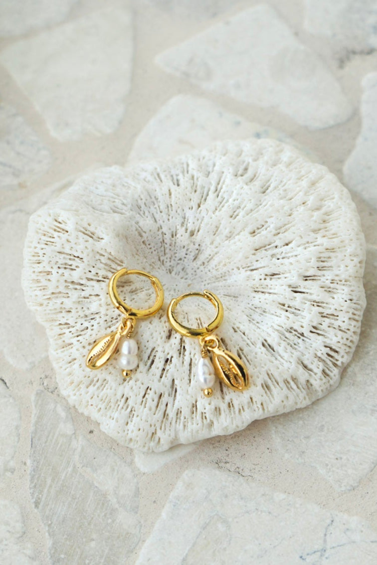 Cowrie shell small hoop earrings with pearl droplets by Malia the label Jewellery