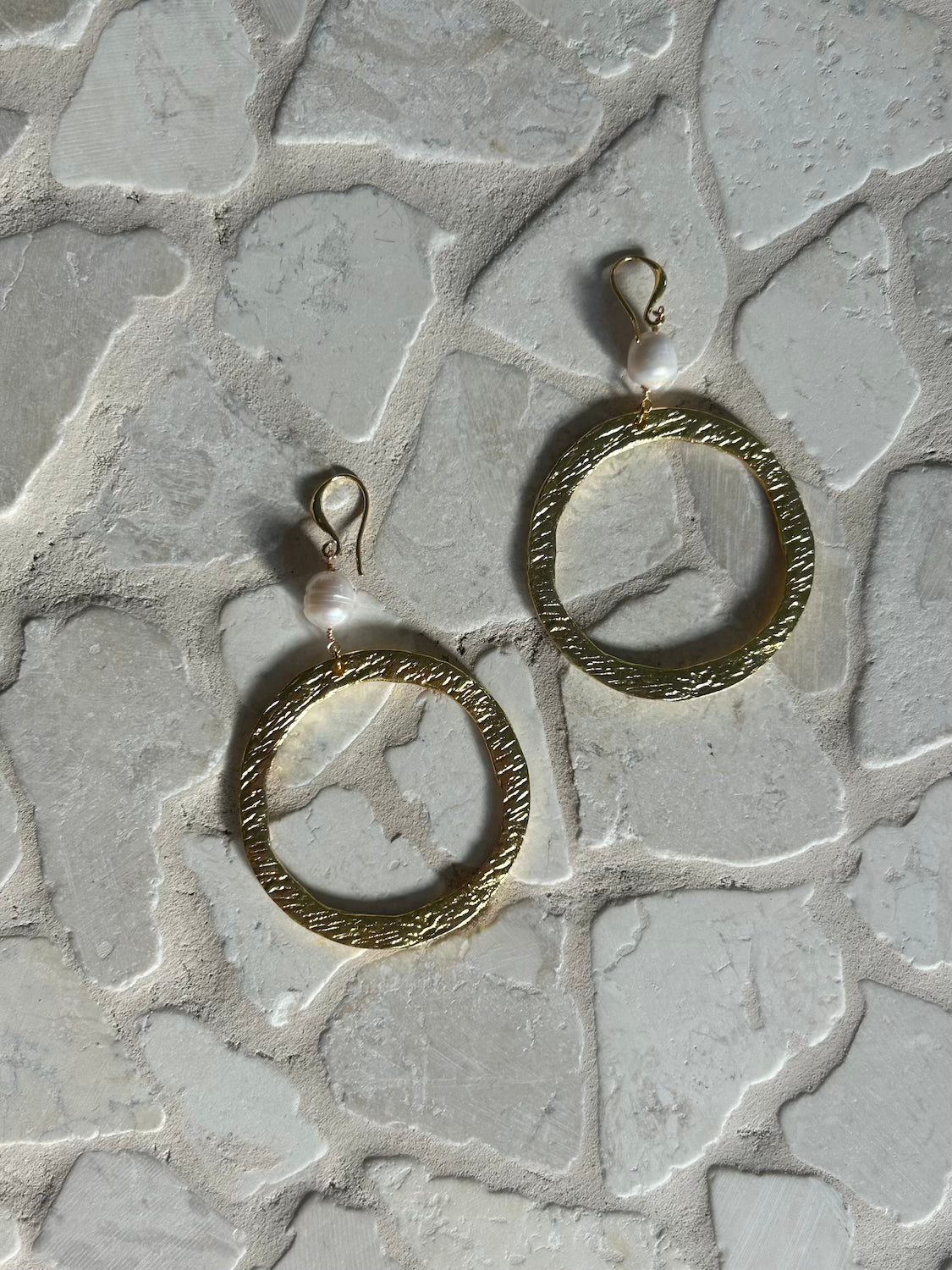 Golden Hour Hoops - large circle tampered shape earrings with pearl droplets - Malia Jewellery