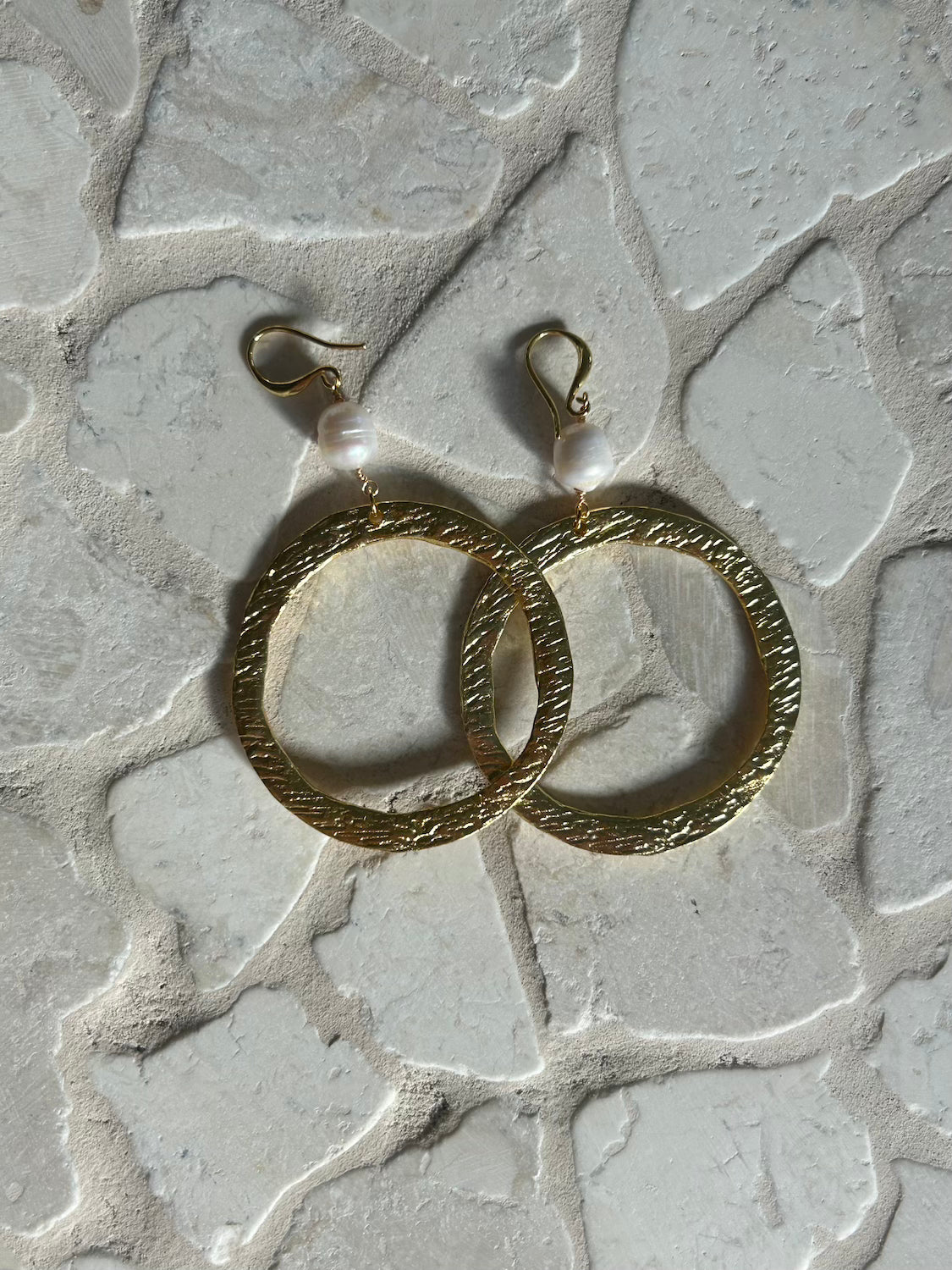 Golden Hour Hoops - large circle tampered shape earrings with pearl droplets -Unique jewellery