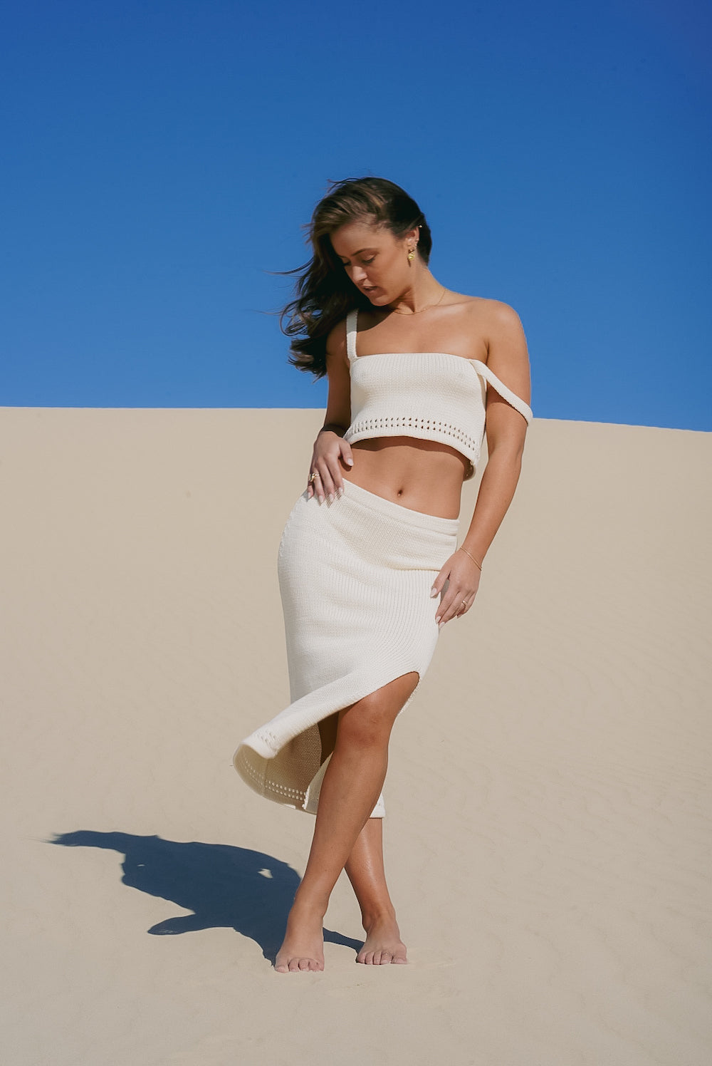 Slow fashion - Malia the label - Mae knit set in white - Matching crop and maxi skirt with leg split