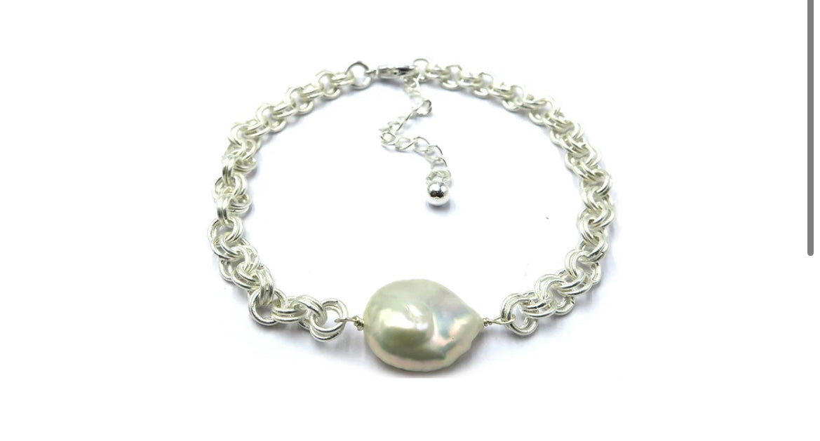 Sea-foam bracelet - sterling silver chain bracelet with pearl pendant - Malia Jewellery