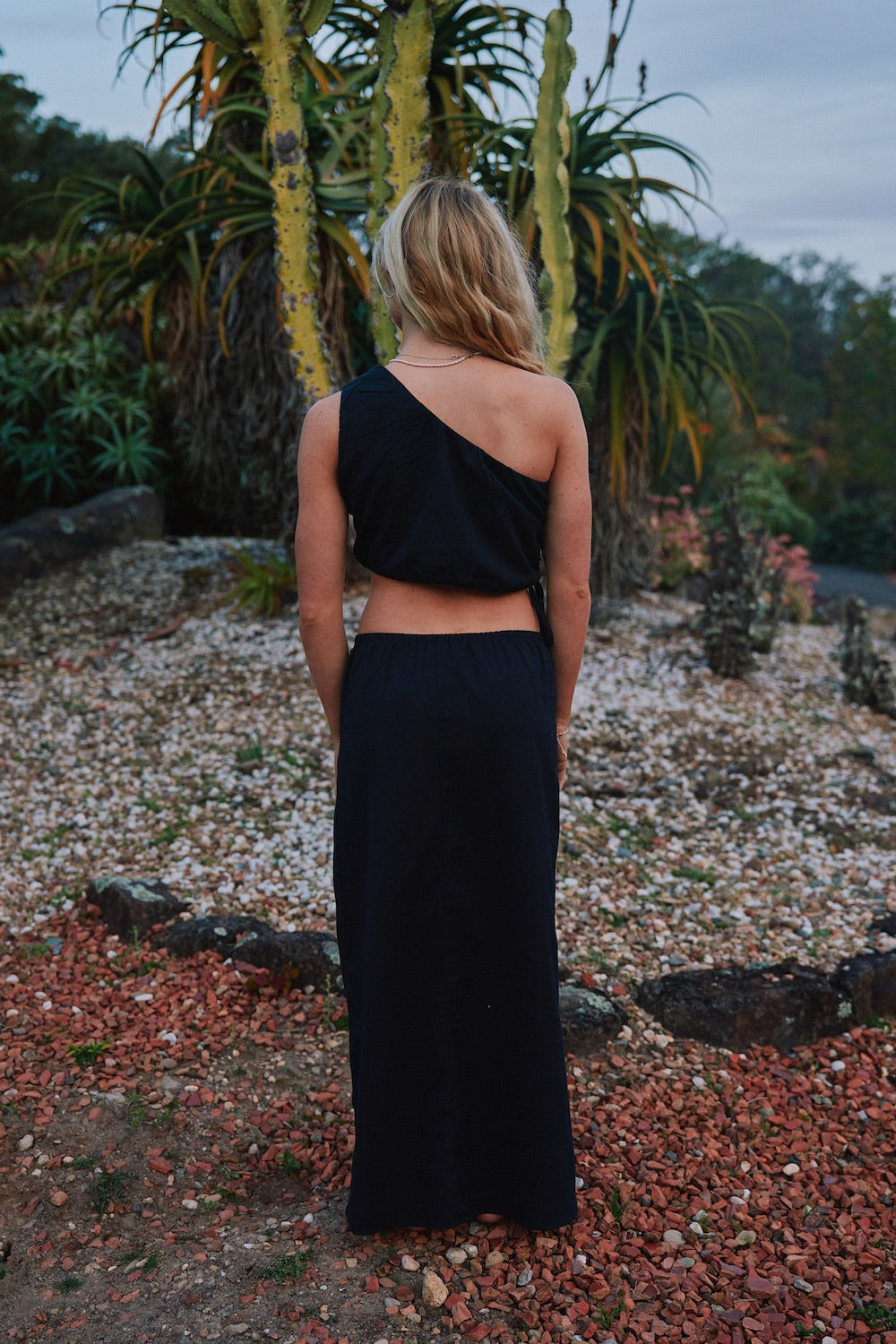 One Shoulder Crop with Ruche and Maxi Skirt - Natural Cotton Linen blend - Black matching set - Slow Fashion