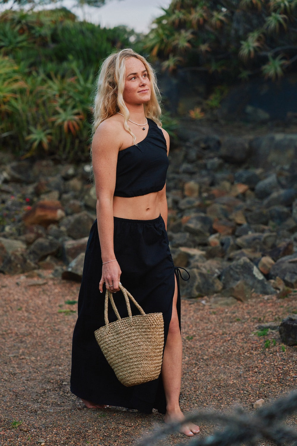 Malia The Label - Slow Fashion - Black Matching Set - One Shoulder Crop and Ruched maxi skirt with split - Slow Fashion