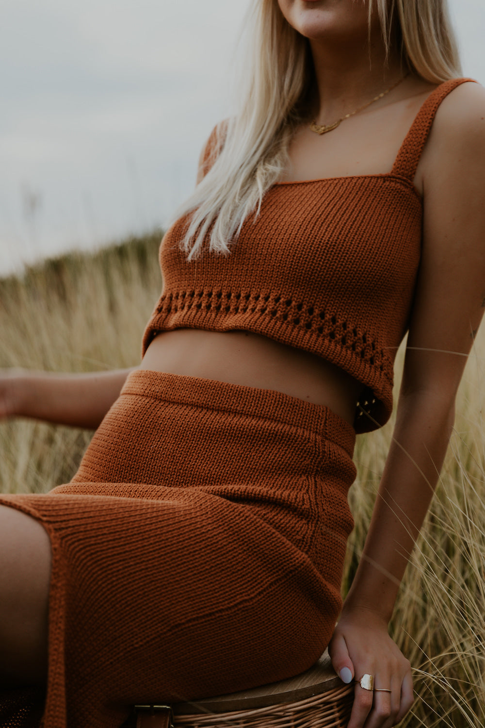 Mae Knit Crop Rust - 100% cotton top and skirt set - Malia The Label