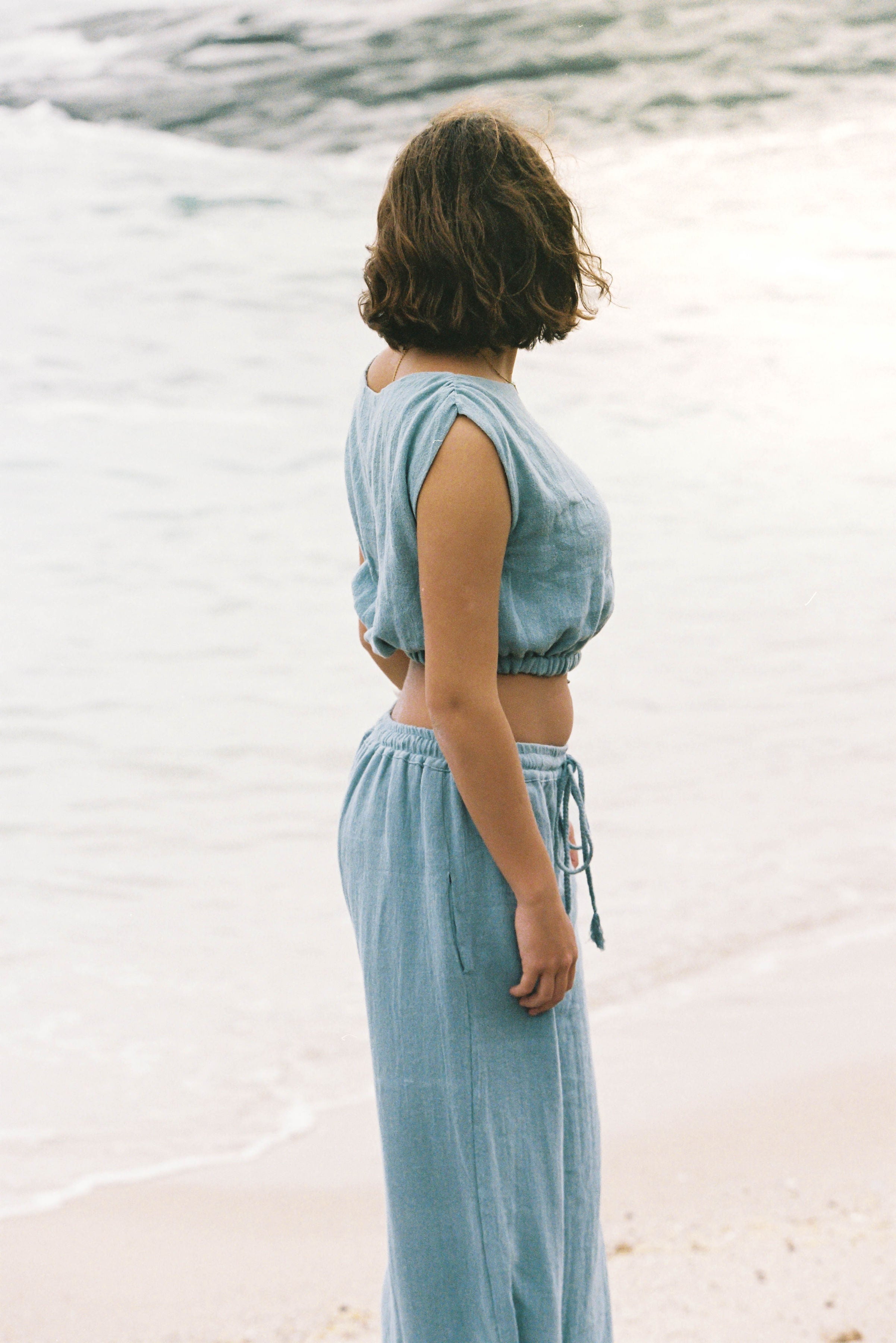 Malia the label, slow fashion brand based on South Coast NSW. Seamist blue matching set in ramie fabric