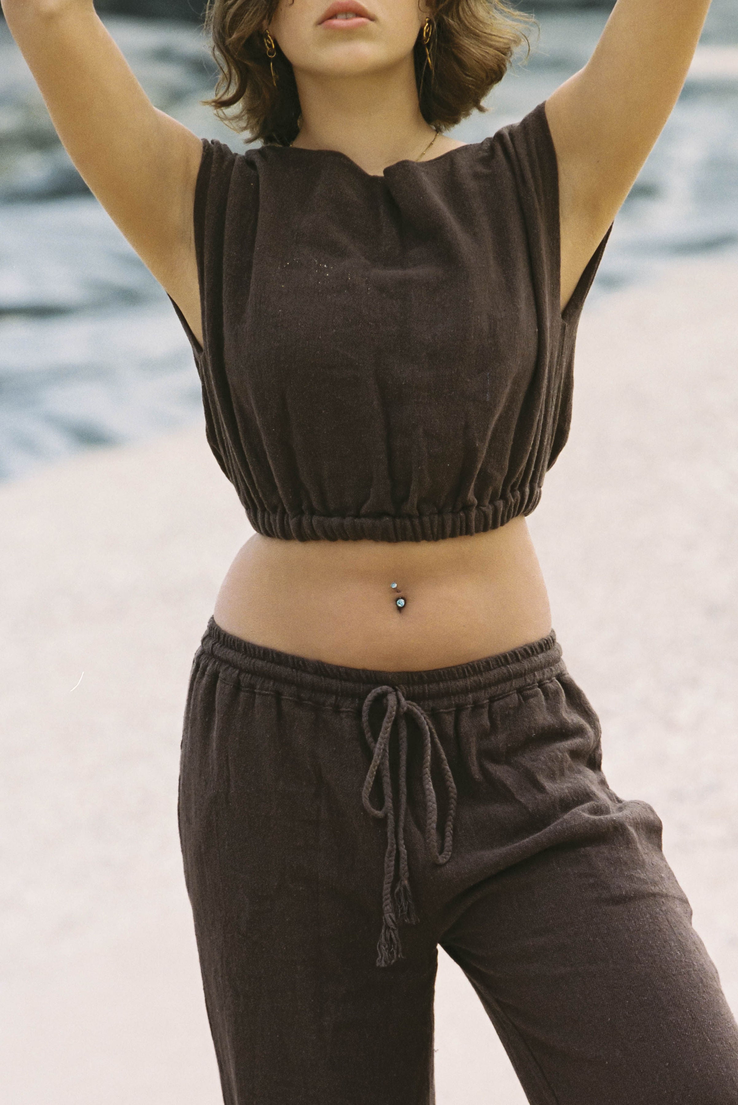 Dark chocolate brown cinched crop top by Malia the label - Slow fashion brand