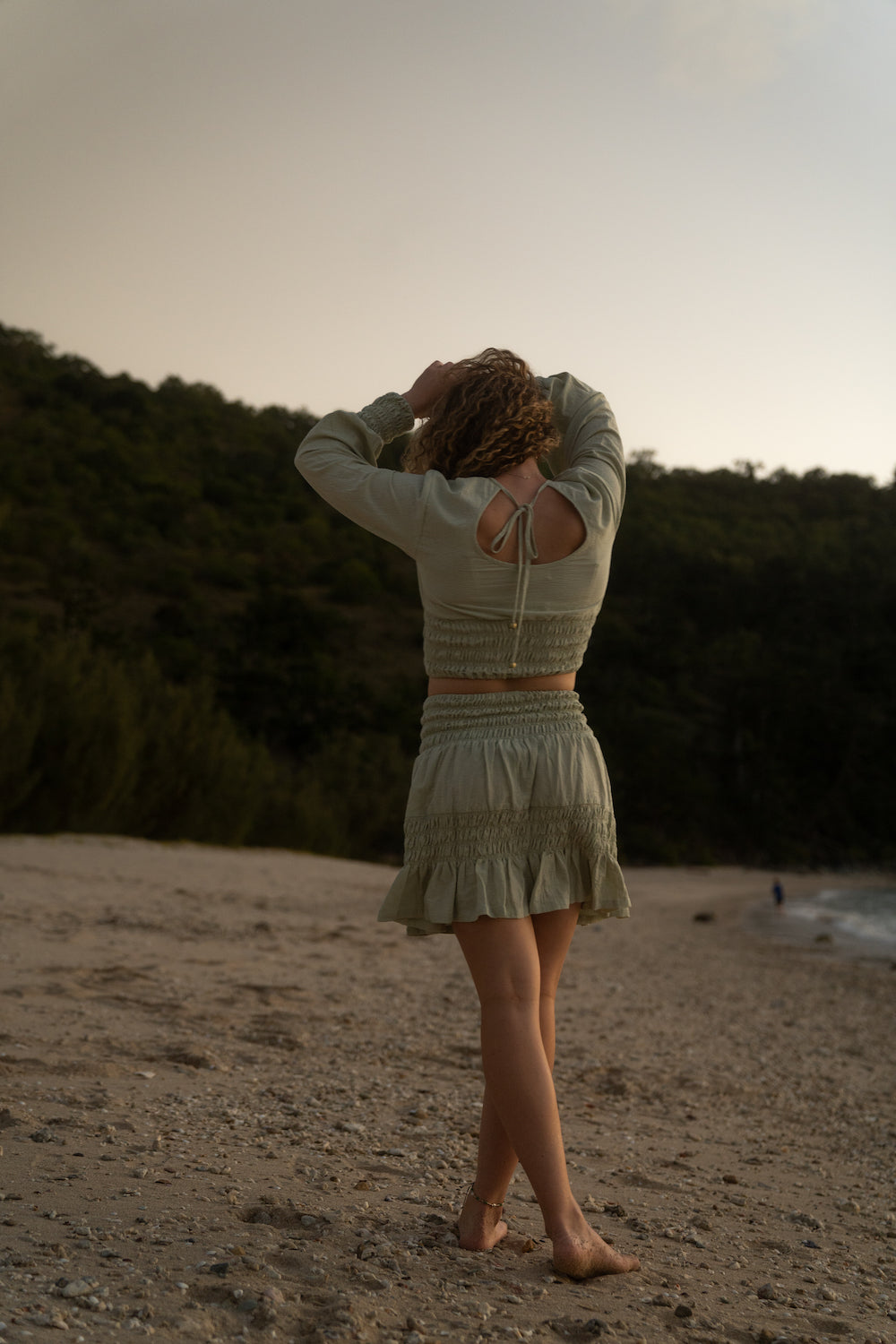 Malia The Label - Sustainable fashion design - Odette crop with open back and shirred detail in Sage - Slow fashion