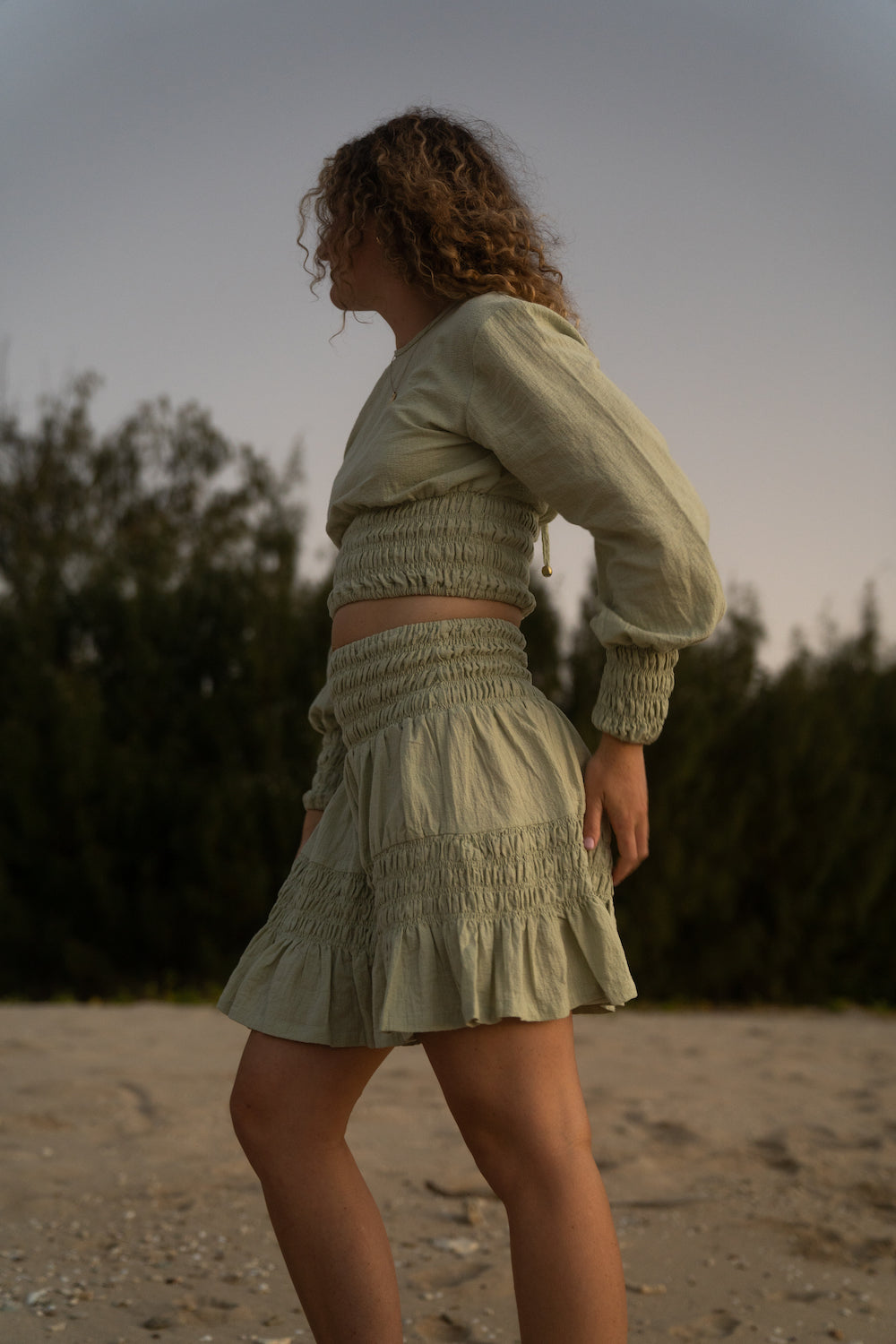 Odette shirred skirt sage - Slow Fashion - sustainably made from 100% natural cotton linen blend