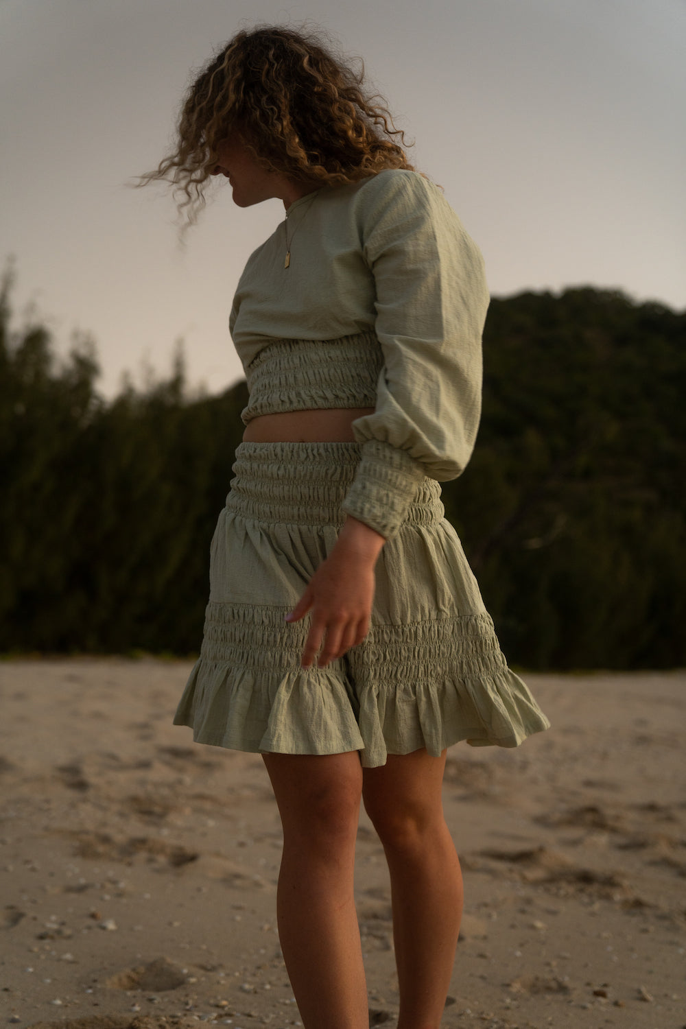 Odette Crop Sage - 100% natural cotton linen crop with bishop sleeves and shirred details - Malia The Label - Slow Fashion