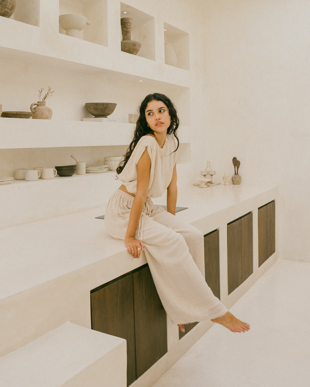 Our Most loved Mila top and pant matching set - Ruched crop top and flowy relaxed wide leg pats by Malia the label - crafted from natural ramie plant fabric
