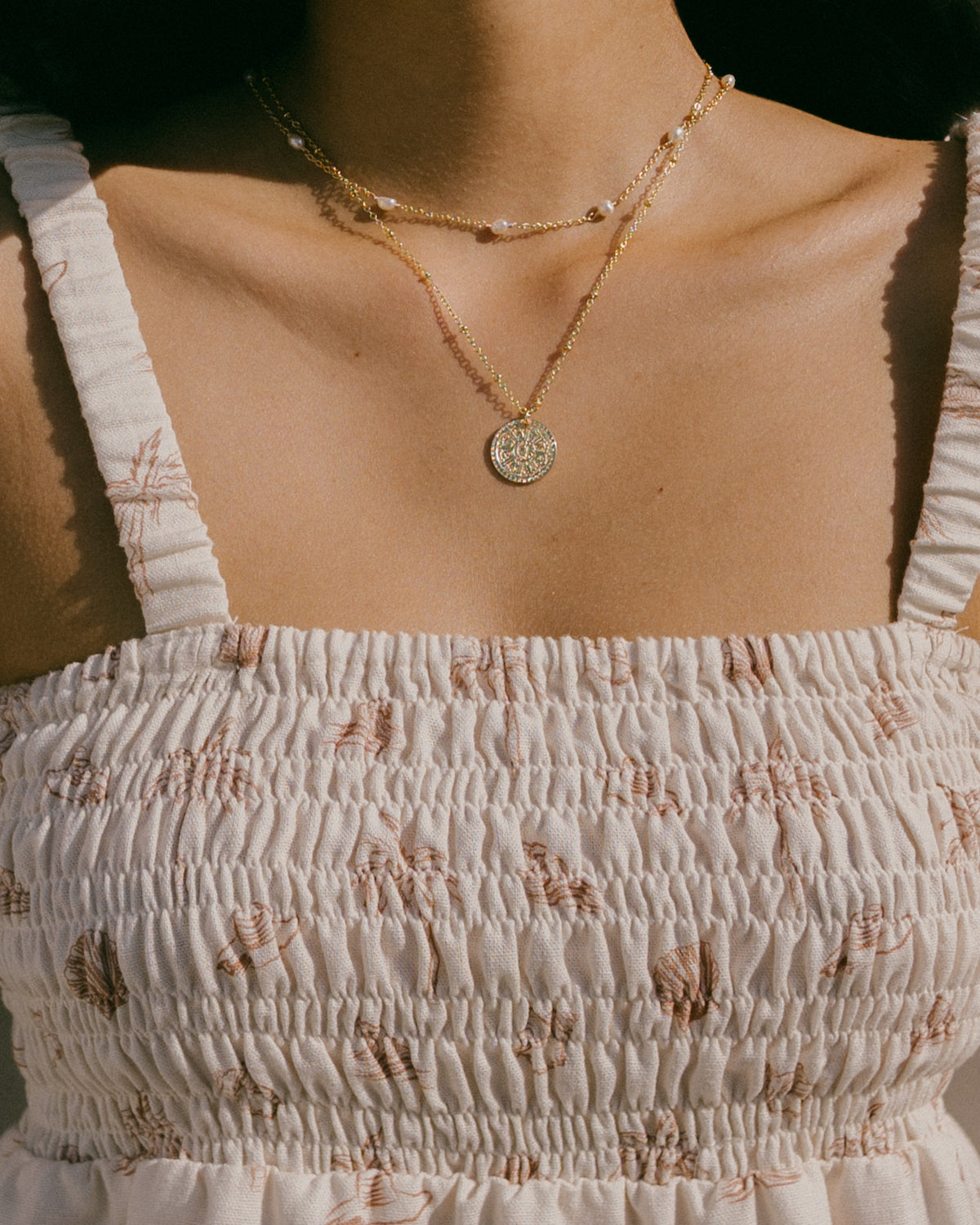 Shirred top with palm and shell print and scrunch style straps - 18k gold plated jewellery - Malia The Label