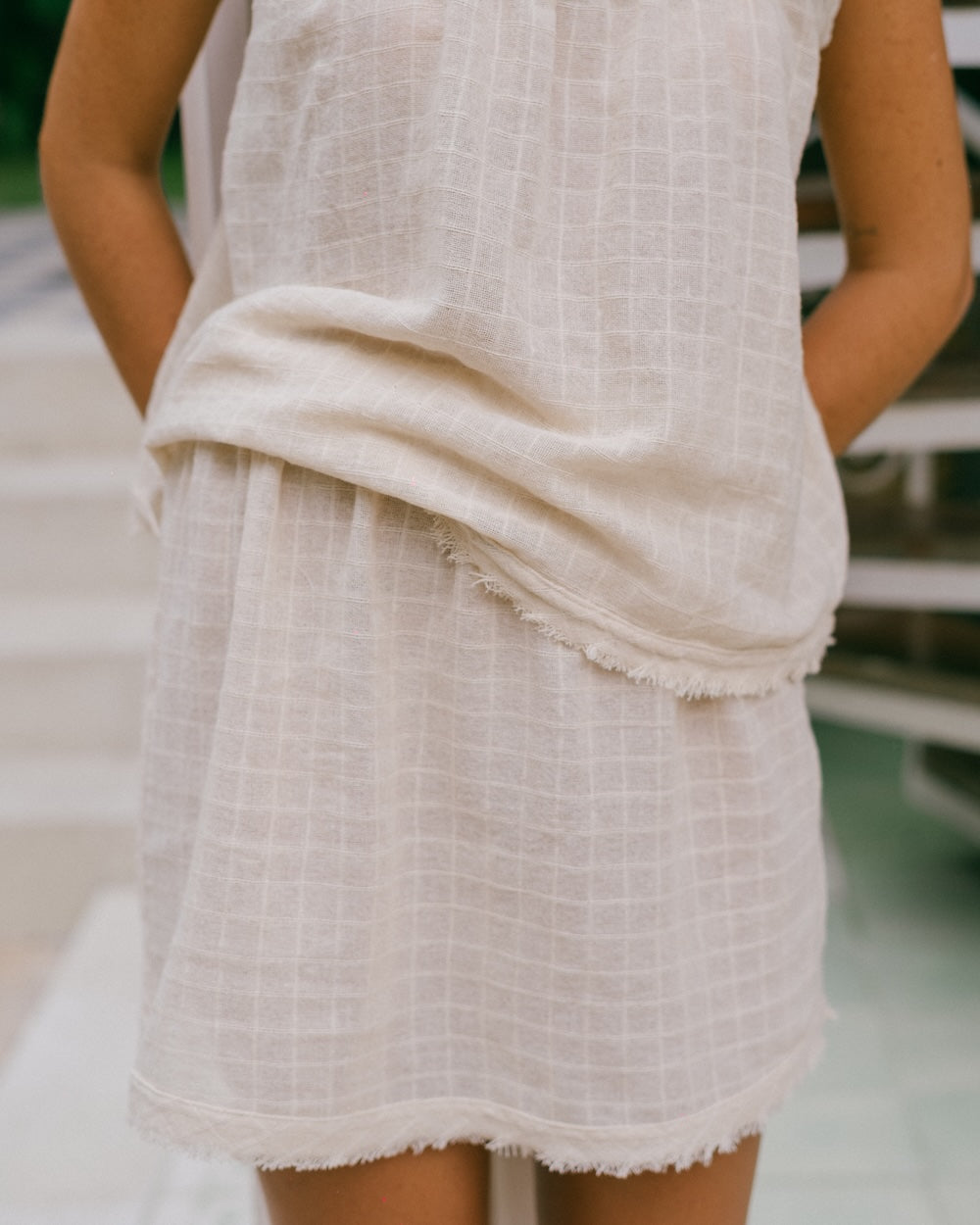 Sofia top and skirt co-ord matching set - 100% ramie cotton with checked square detailing texture like linen, but with no crinkle - Australian Slow fashion brand, Malia the label