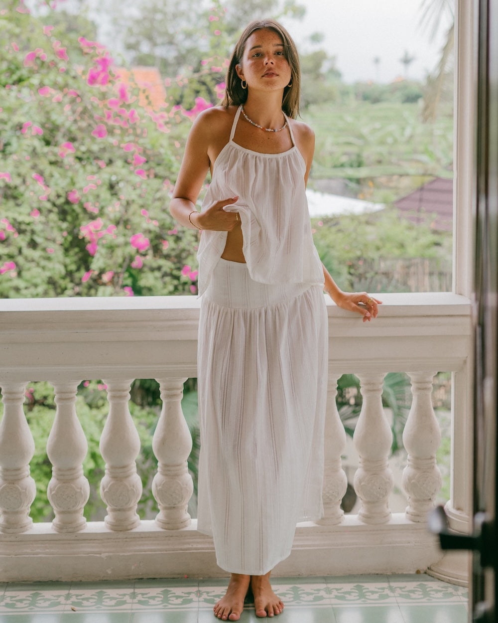 Sole Mare Maxi Skirt - Floor length maxi skirt with matching co-ord singlet top - 100% cotton hand-loomed detailing with structured waistband and gathers flowing to the floor on the maxi skirt - Sloe fashion brand, Malia the label