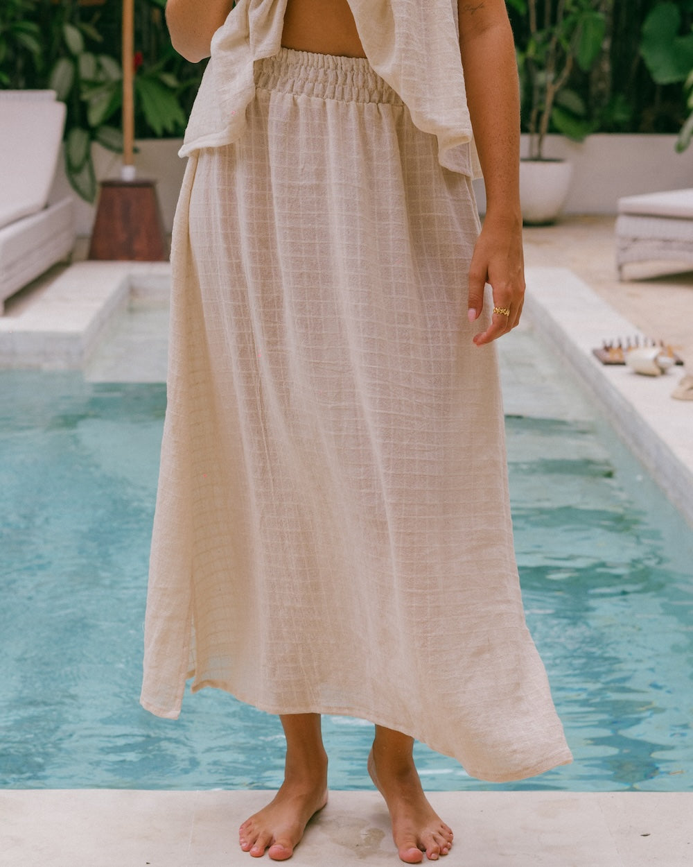 Sorrento maxi skirt in ramie check fabric - Maxi length skirt featuring shirred waistband, side seam splits and relaxed flowy fit - 100 ramie cotton plant based fabric maxi skirt - Malia the label