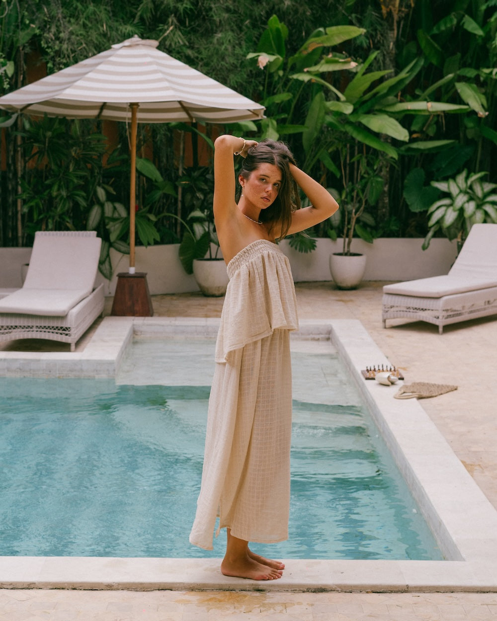Sorrento strapless top and maxi skirt et in checked ramie texturured fabric - linen like ut without the crinkle, breathable and flowy maxi skirt design - Malia the label, slow fashion brand Australia