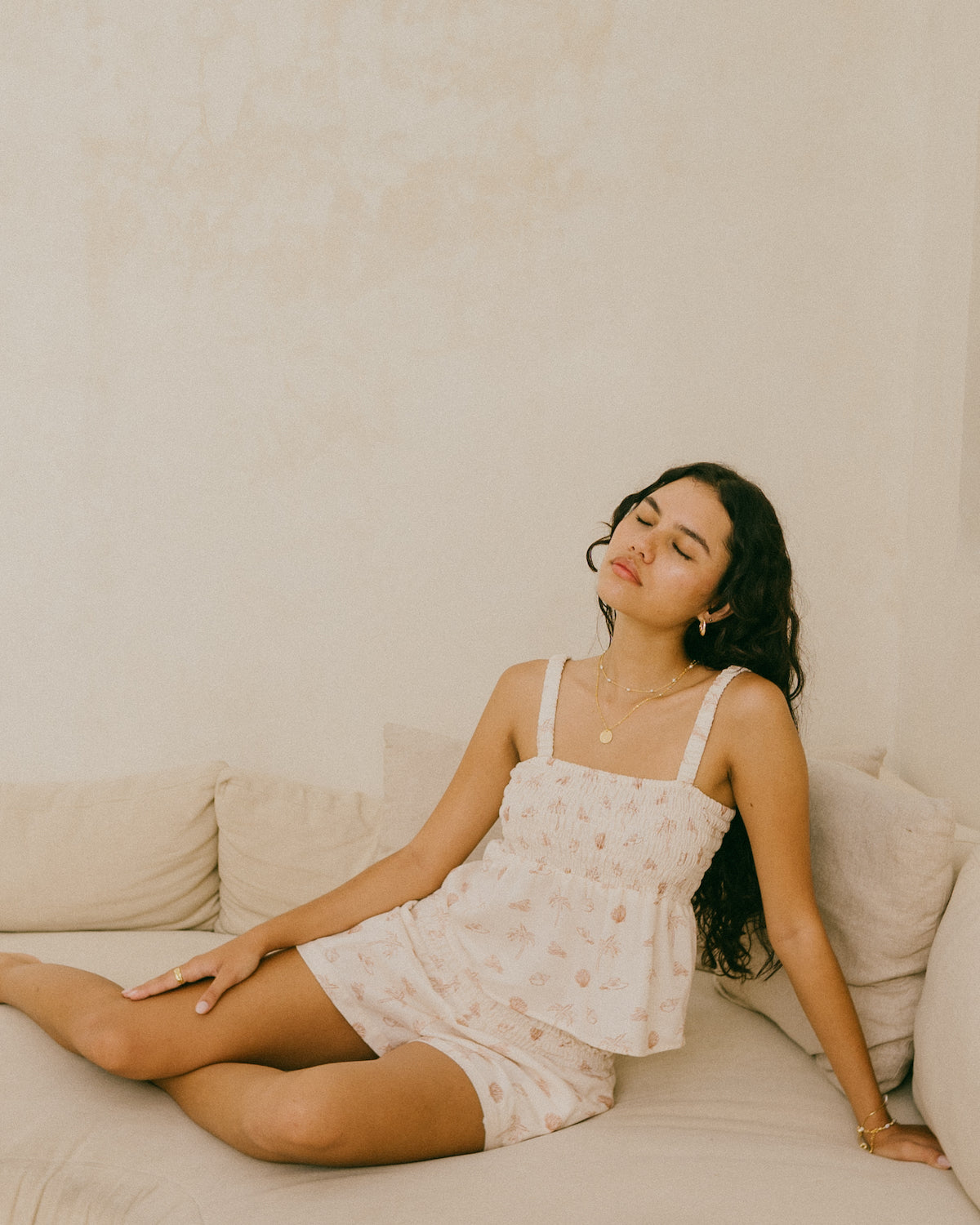 Slow fashion linen set with beachy shell print - shorred top and shirred shorts set for Summer - Malia the label