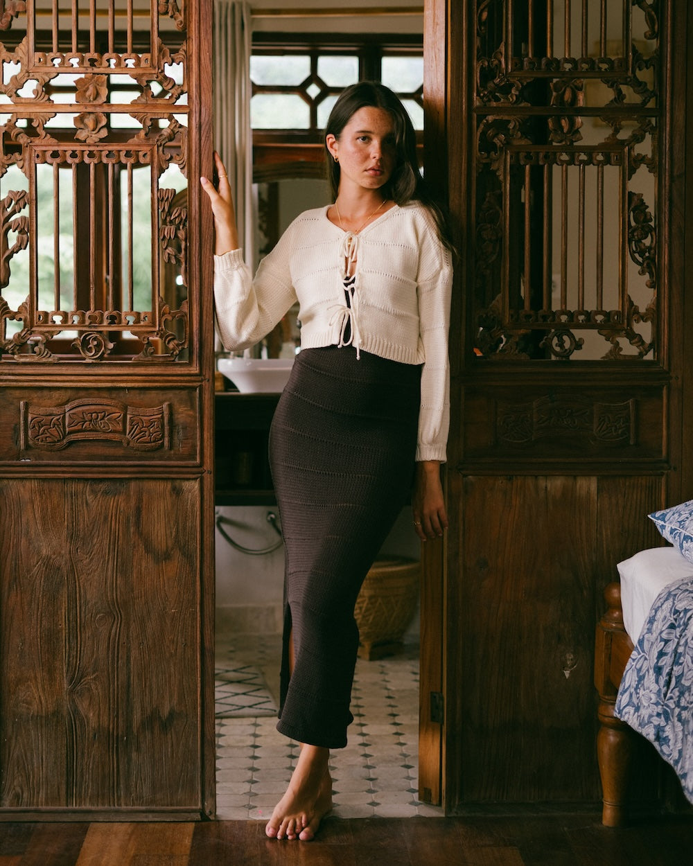 Winnie Knit jumper in white, detailed with front ties over the Noa Maxi dress - malia the label - Slow fashion brand