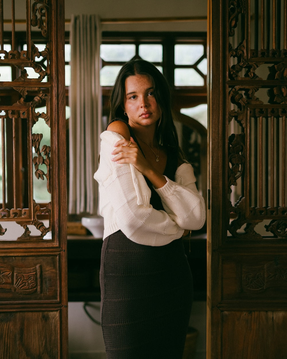 Malia the label - Cosy winter layering  100% cotton natural knitwear cardigan and maxi dress
