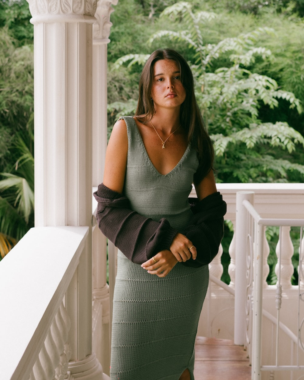 Chocolate winnie knit cardigan styled over the sage Noa maxi knit dress - Malia the label slow fashion brand